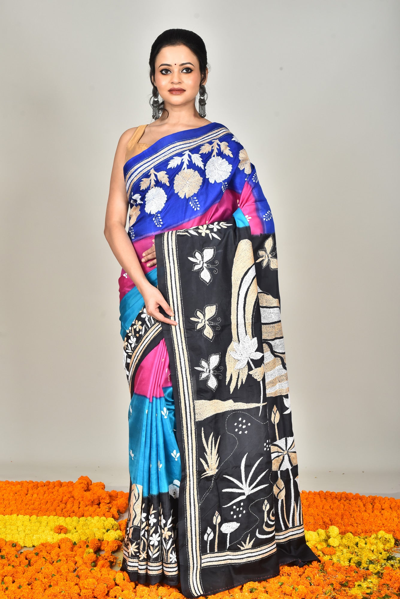 Bangalore Silk Dye Kantha Stitch Saree Multicolor Thumbnail