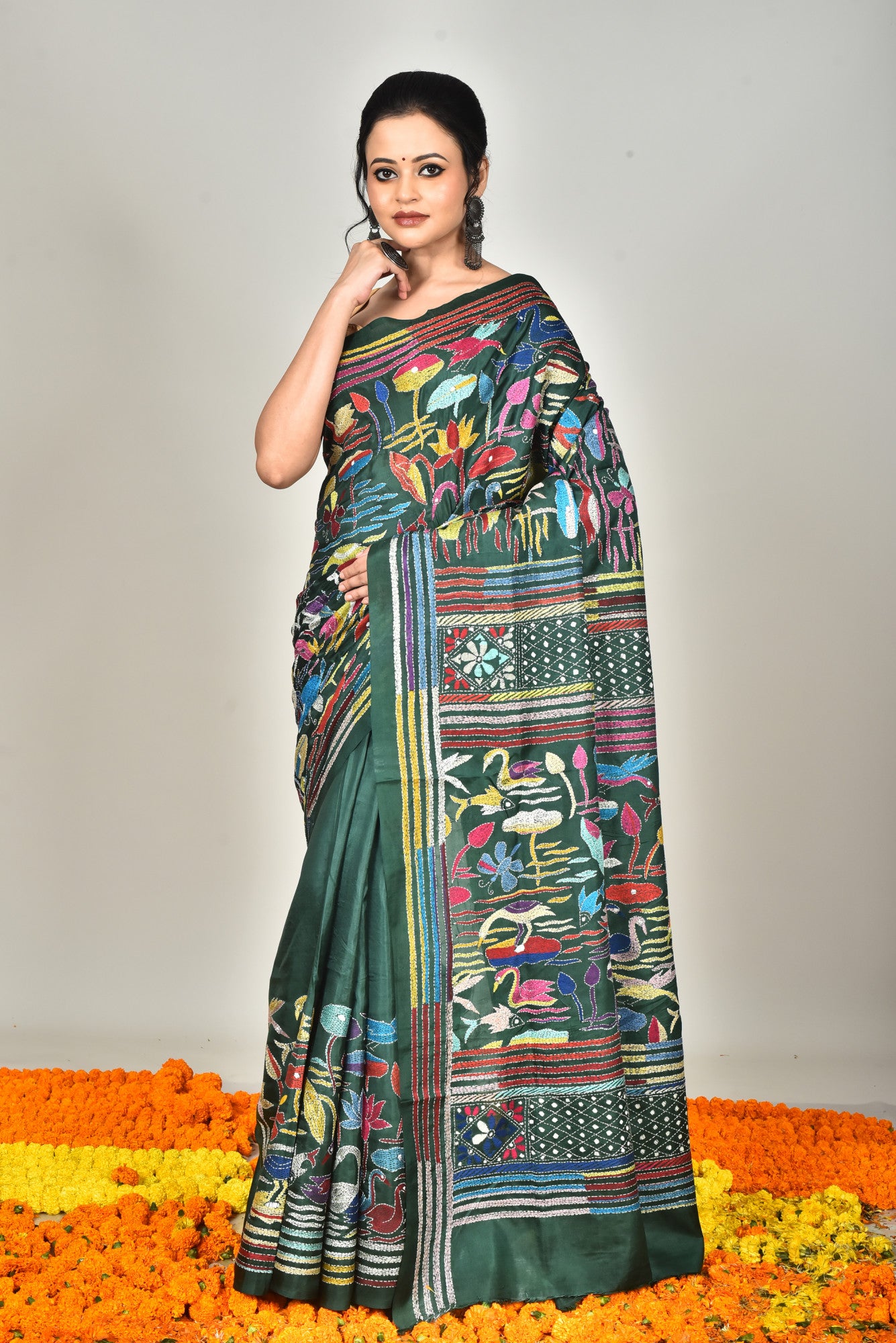 Bangalore Silk Kantha Stitch Saree Maroon Bottle Green Thumbnail