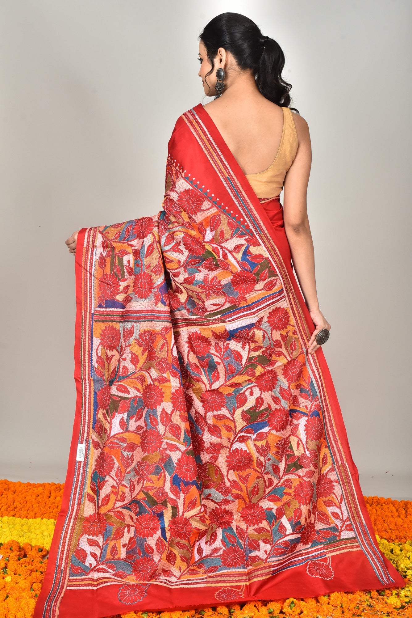 Bangalore Silk Kantha Stitch Saree Red Thumbnail