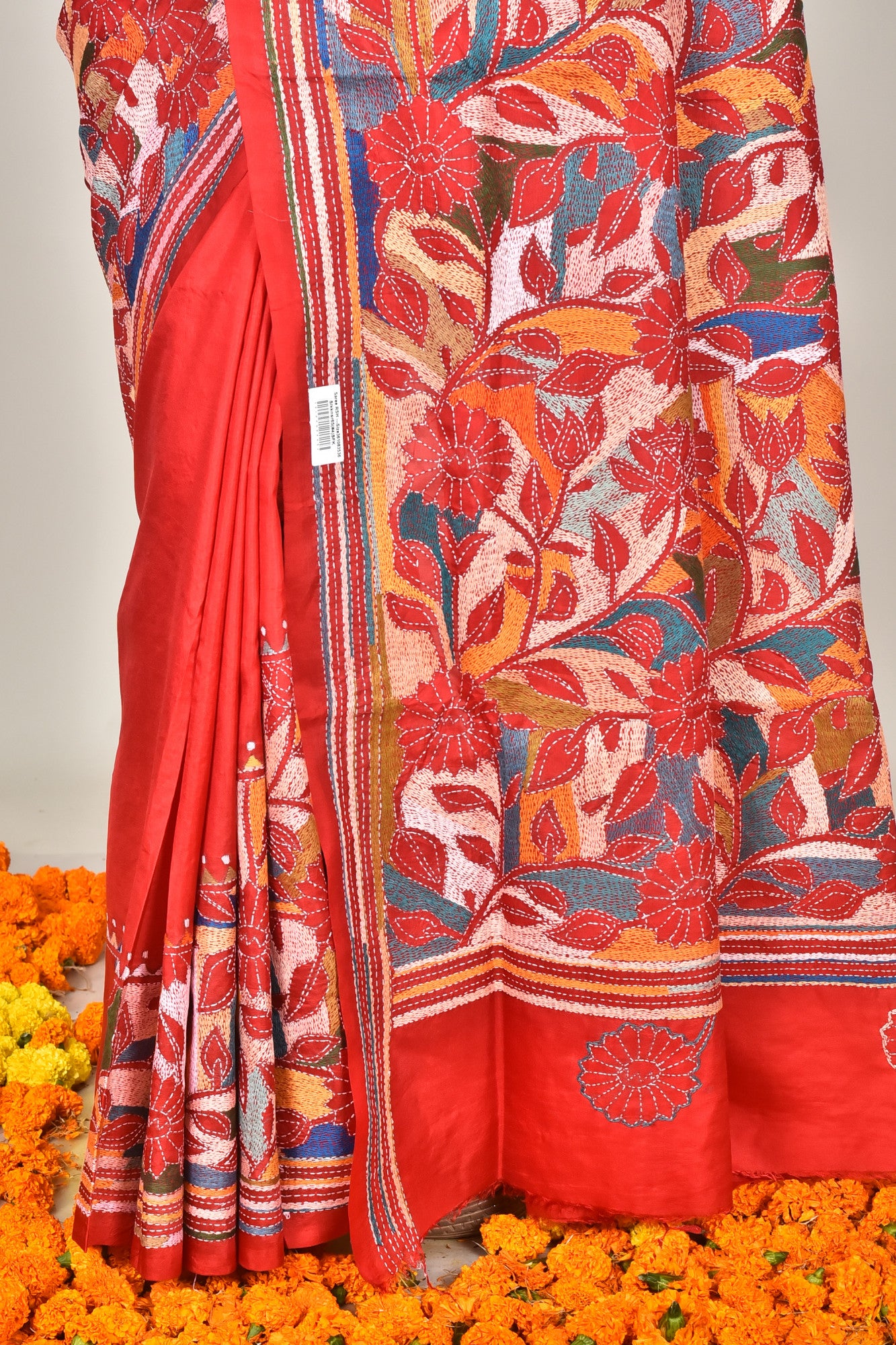 Bangalore Silk Kantha Stitch Saree Red Thumbnail