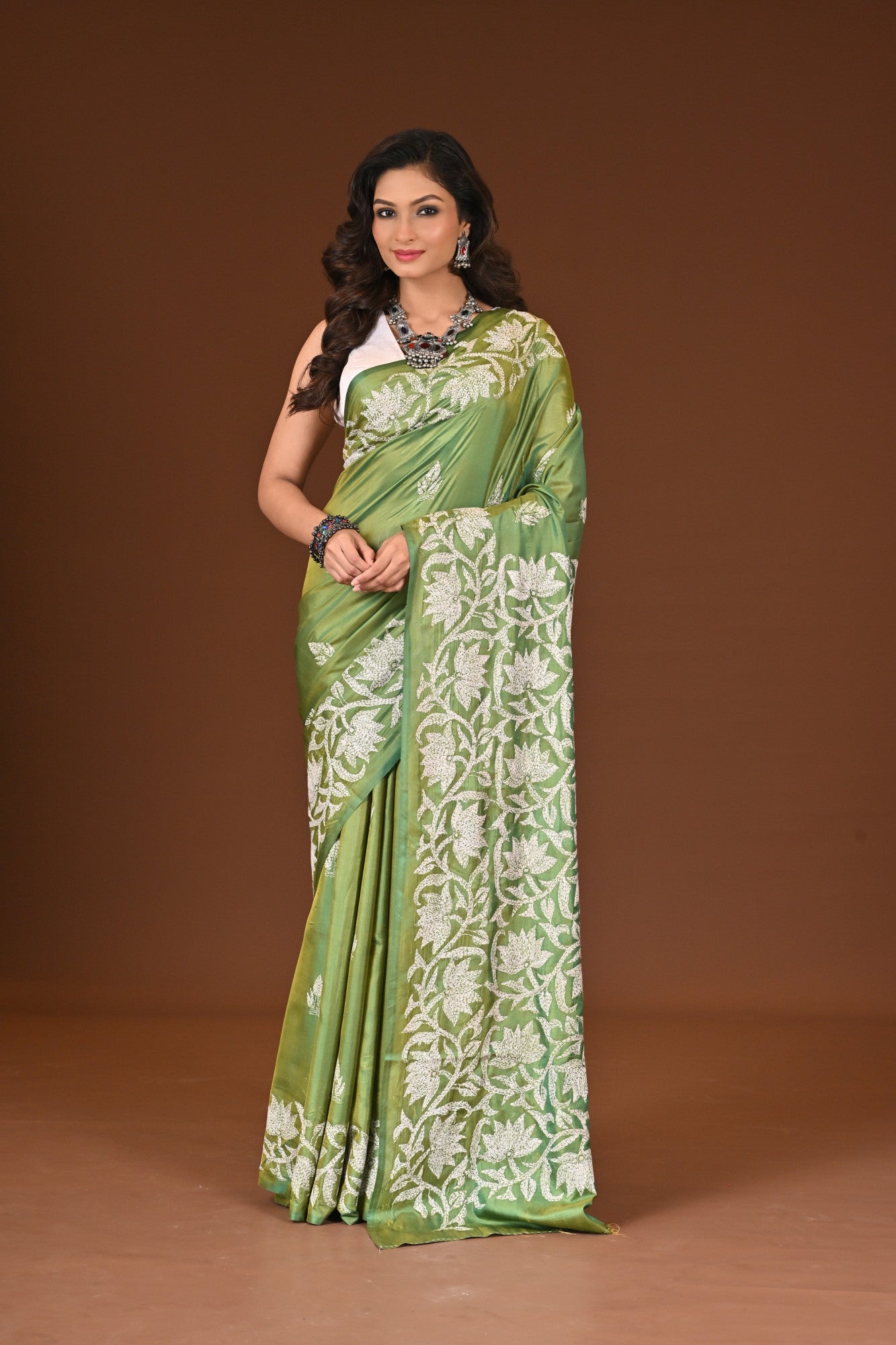 Blende Silk Kantha Stitch Saree Green