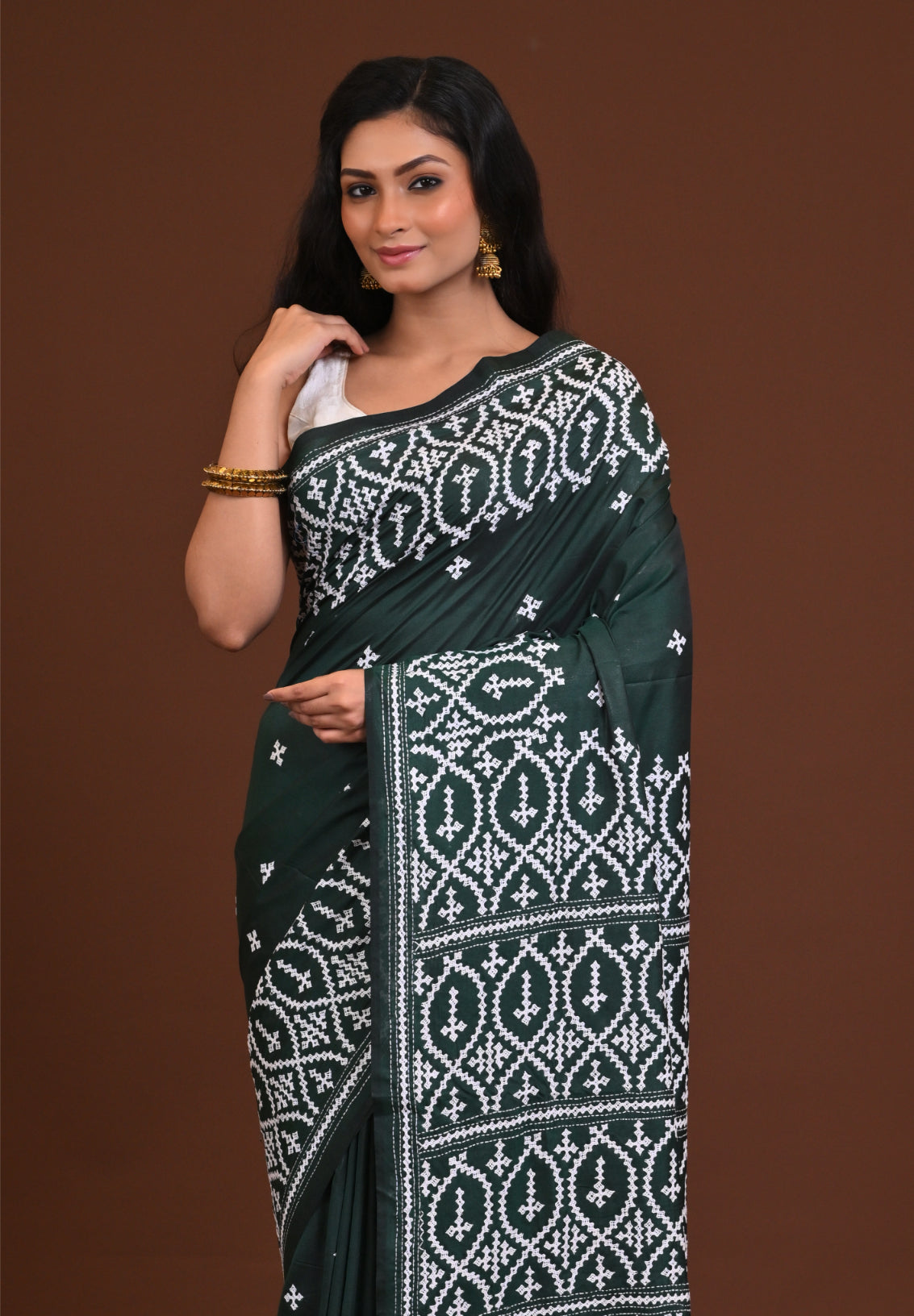Blended Silk Kantha Saree Green
