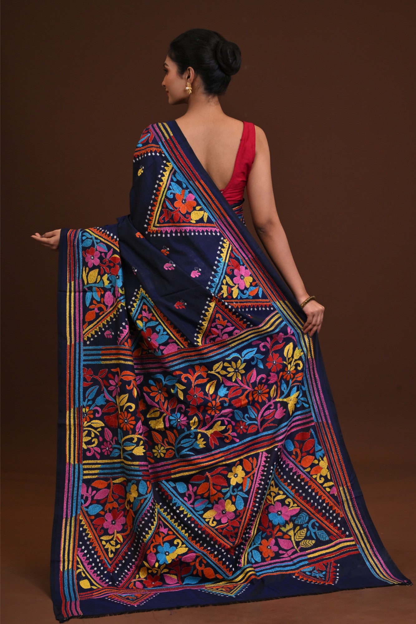 Blended Silk Kantha Saree Navy Blue Thumbnail