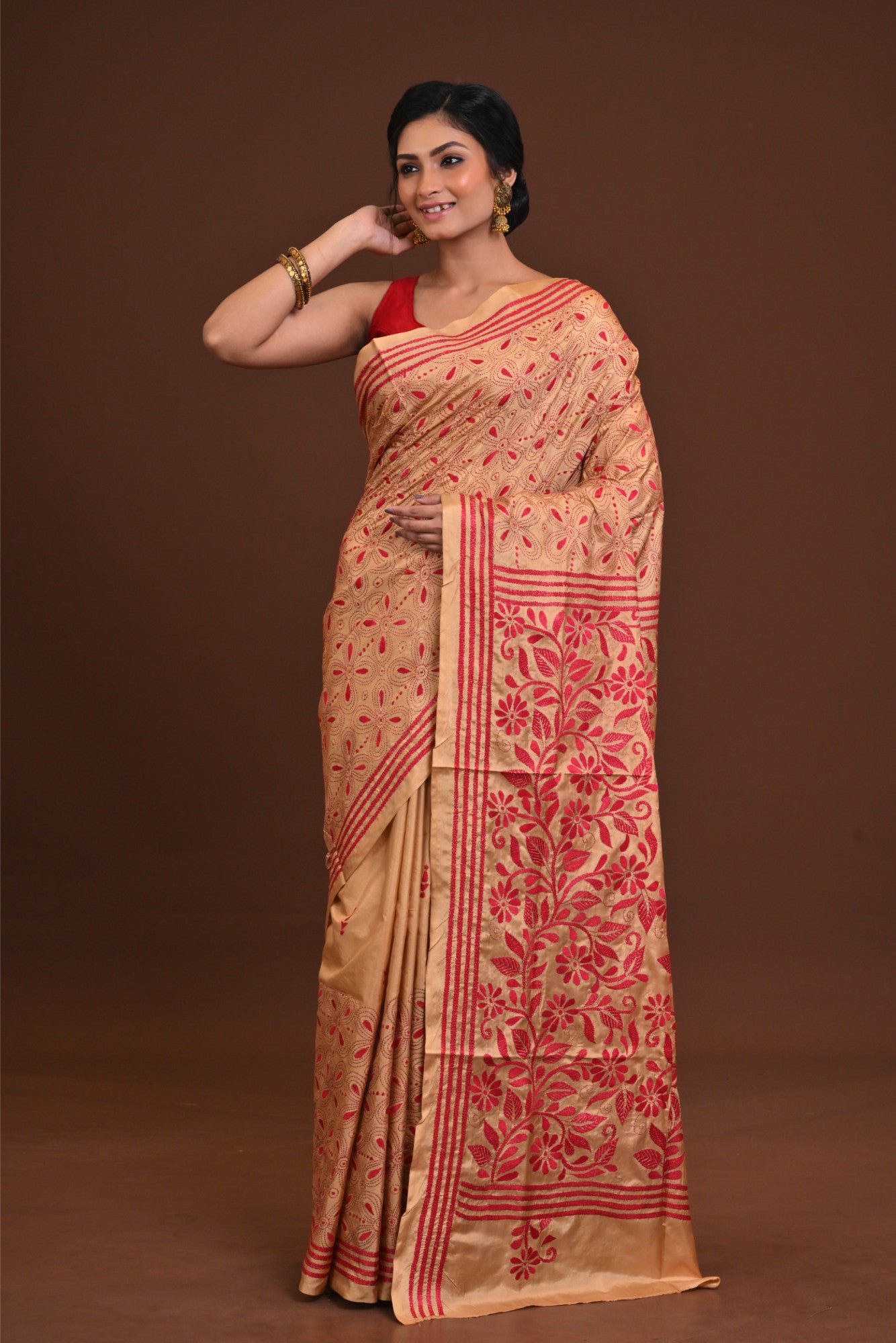 Blended Silk Kantha Stitch Saree Beige Thumbnail