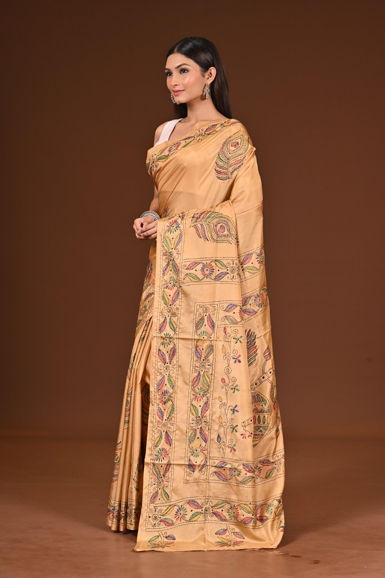 Blended Silk Kantha Stitch Saree Beige Thumbnail