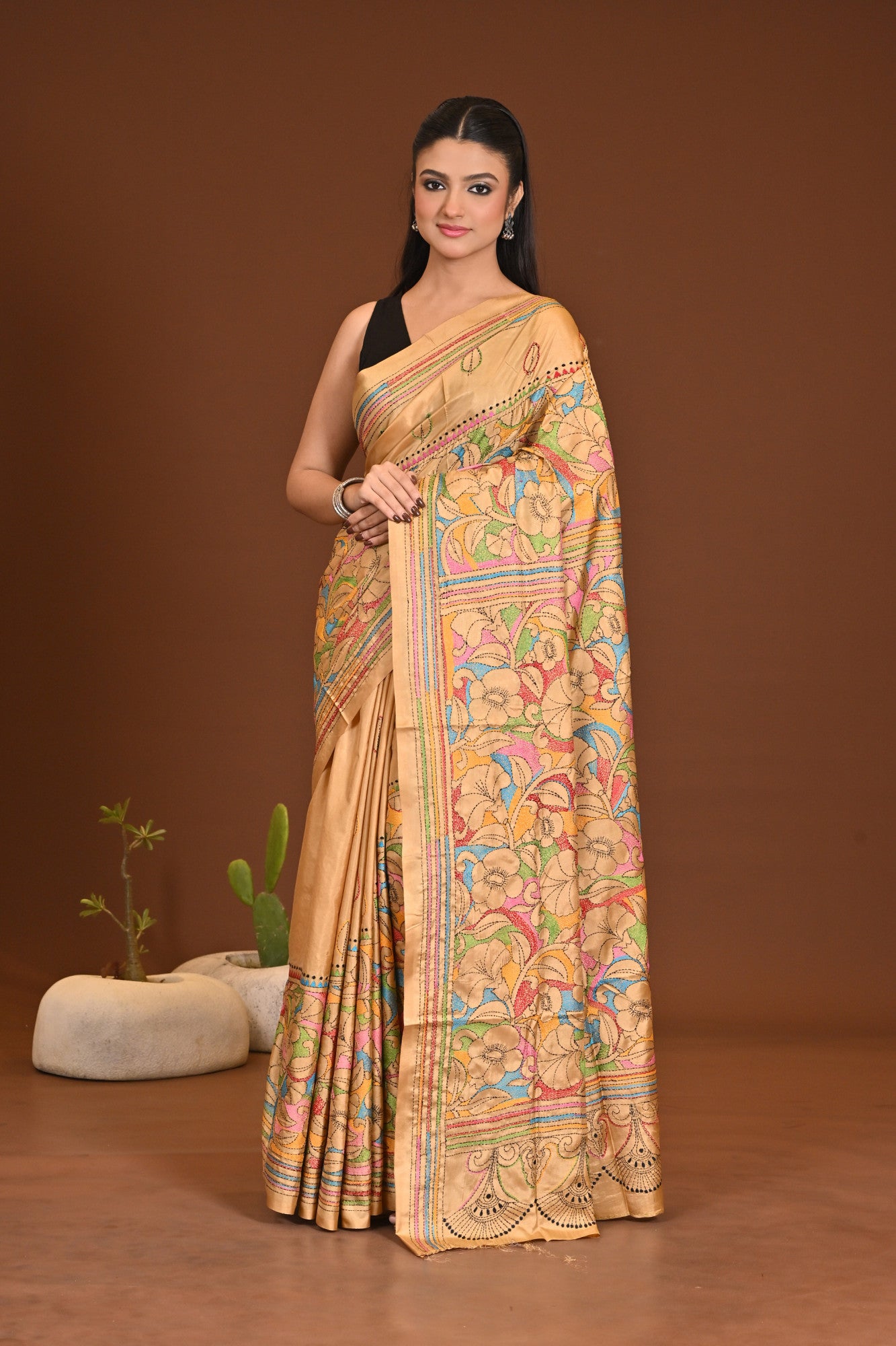 Blended Silk Kantha Stitch Saree Beige