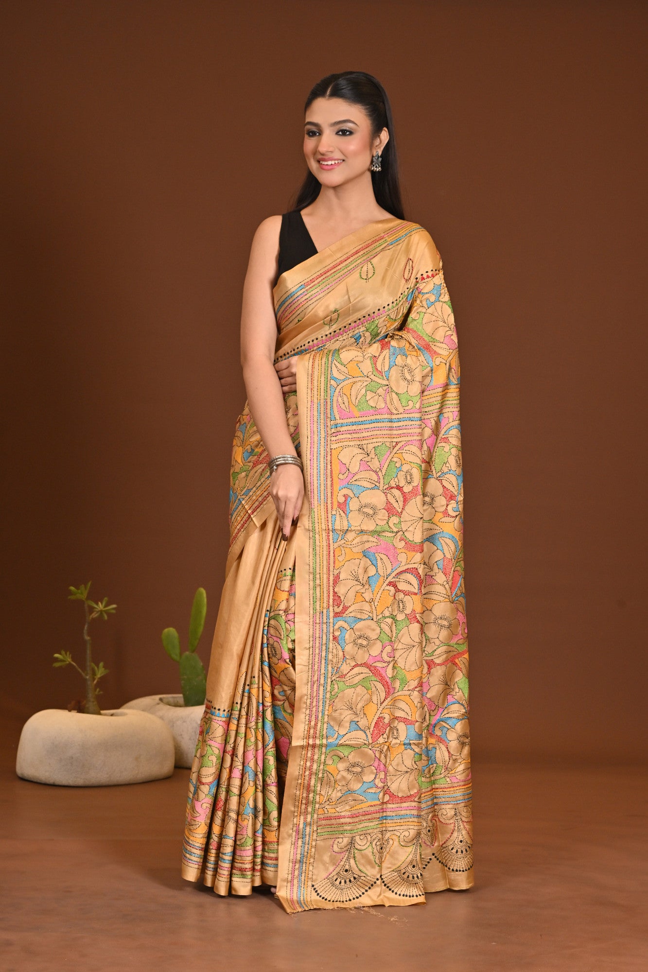 Blended Silk Kantha Stitch Saree Beige Thumbnail