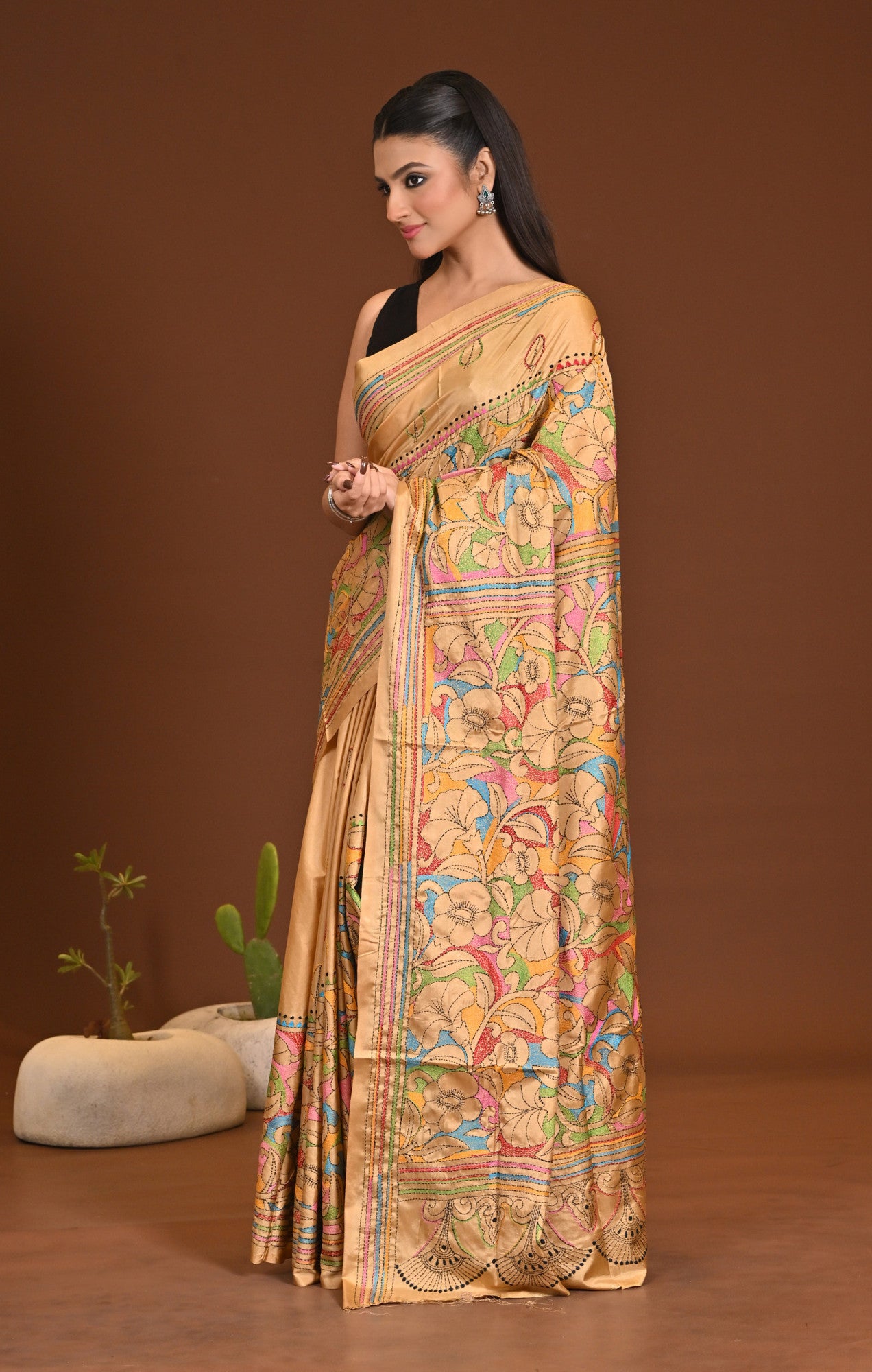 Blended Silk Kantha Stitch Saree Beige Thumbnail