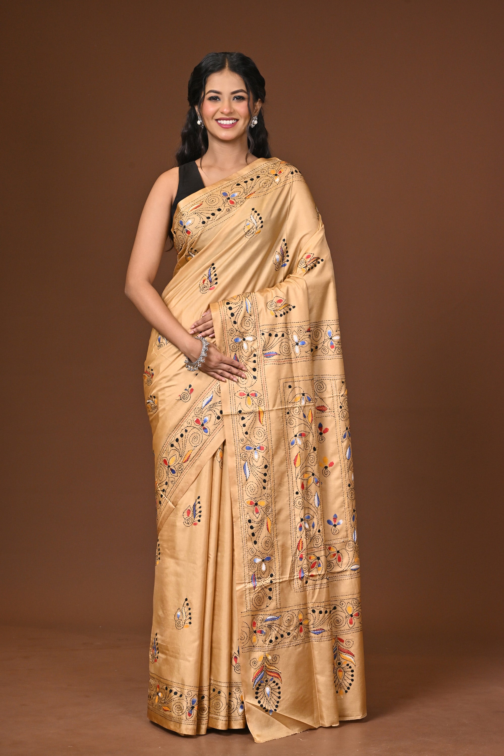 Blended Silk Kantha Stitch Saree Beige