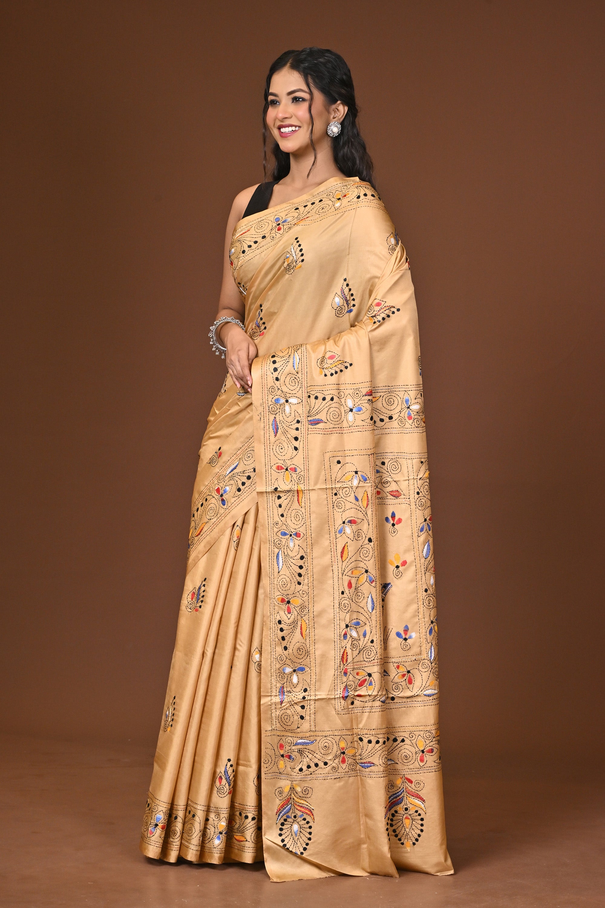 Blended Silk Kantha Stitch Saree Beige Thumbnail