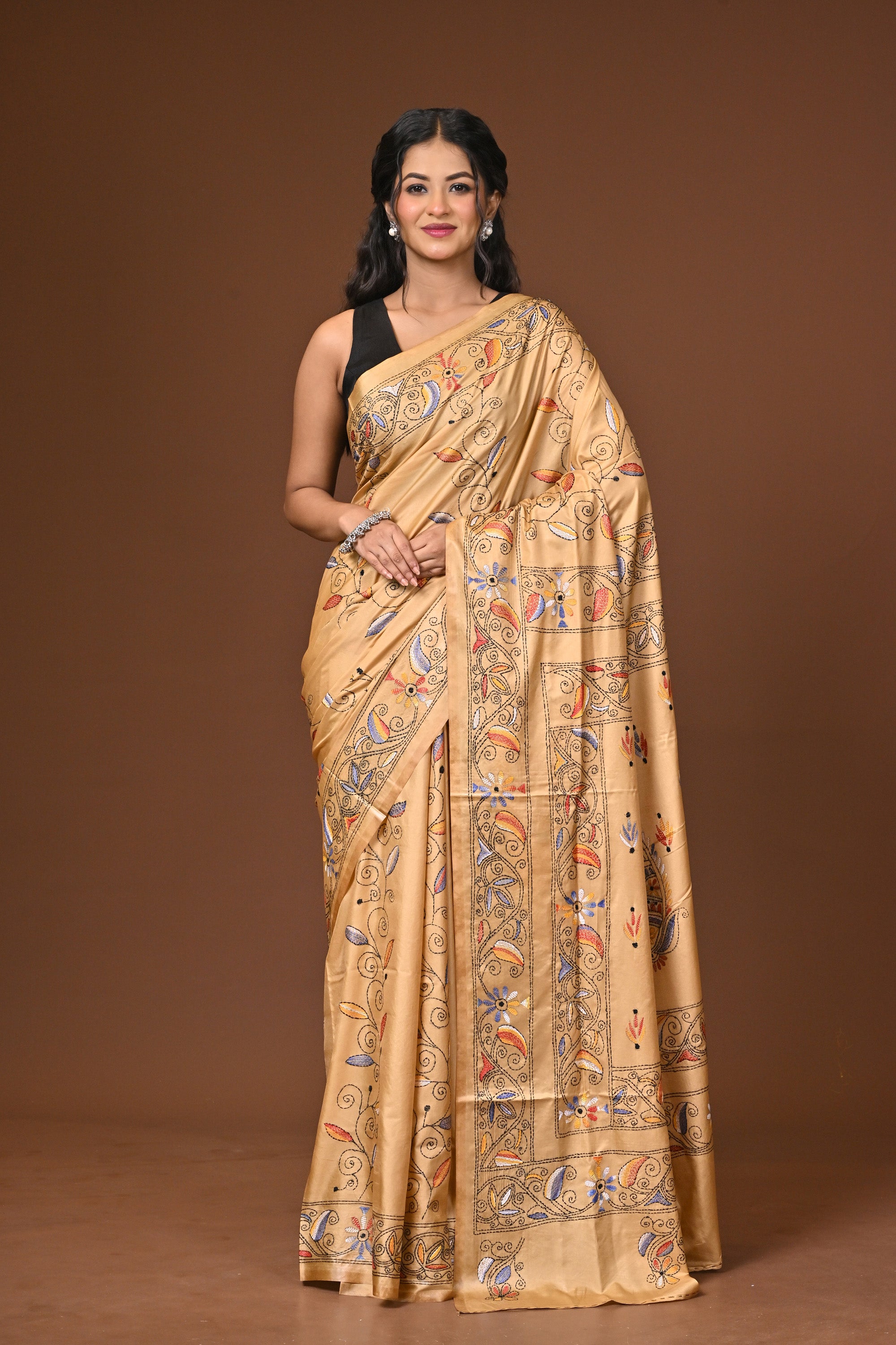 Blended Silk Kantha Stitch Saree Beige Thumbnail