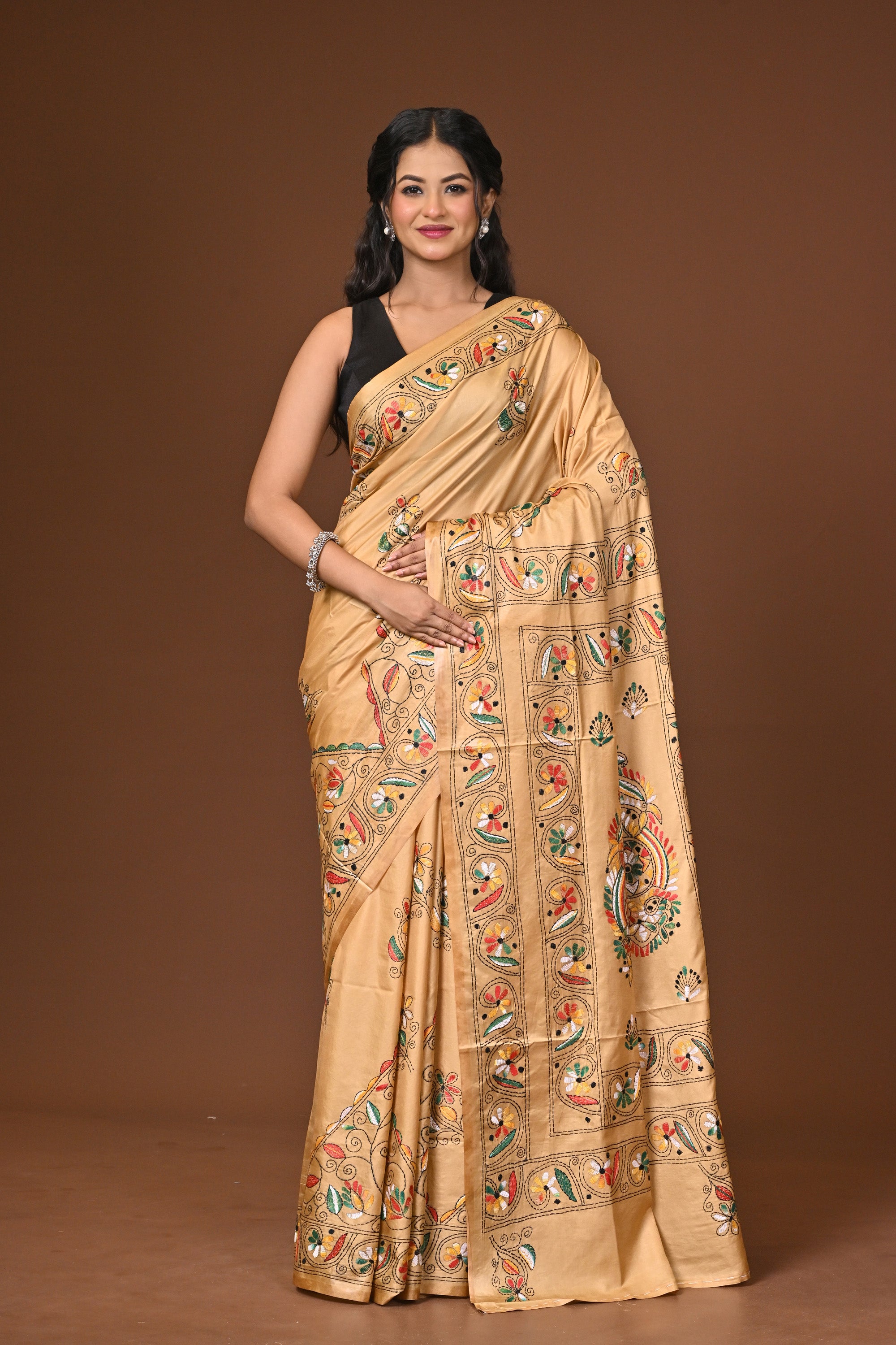 Blended Silk Kantha Stitch Saree Beige