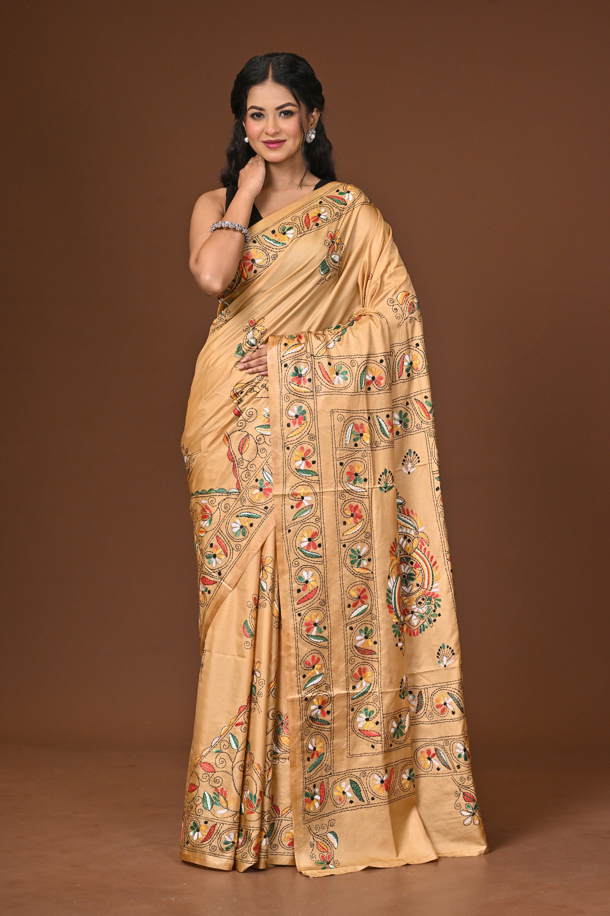 Blended Silk Kantha Stitch Saree Beige Thumbnail