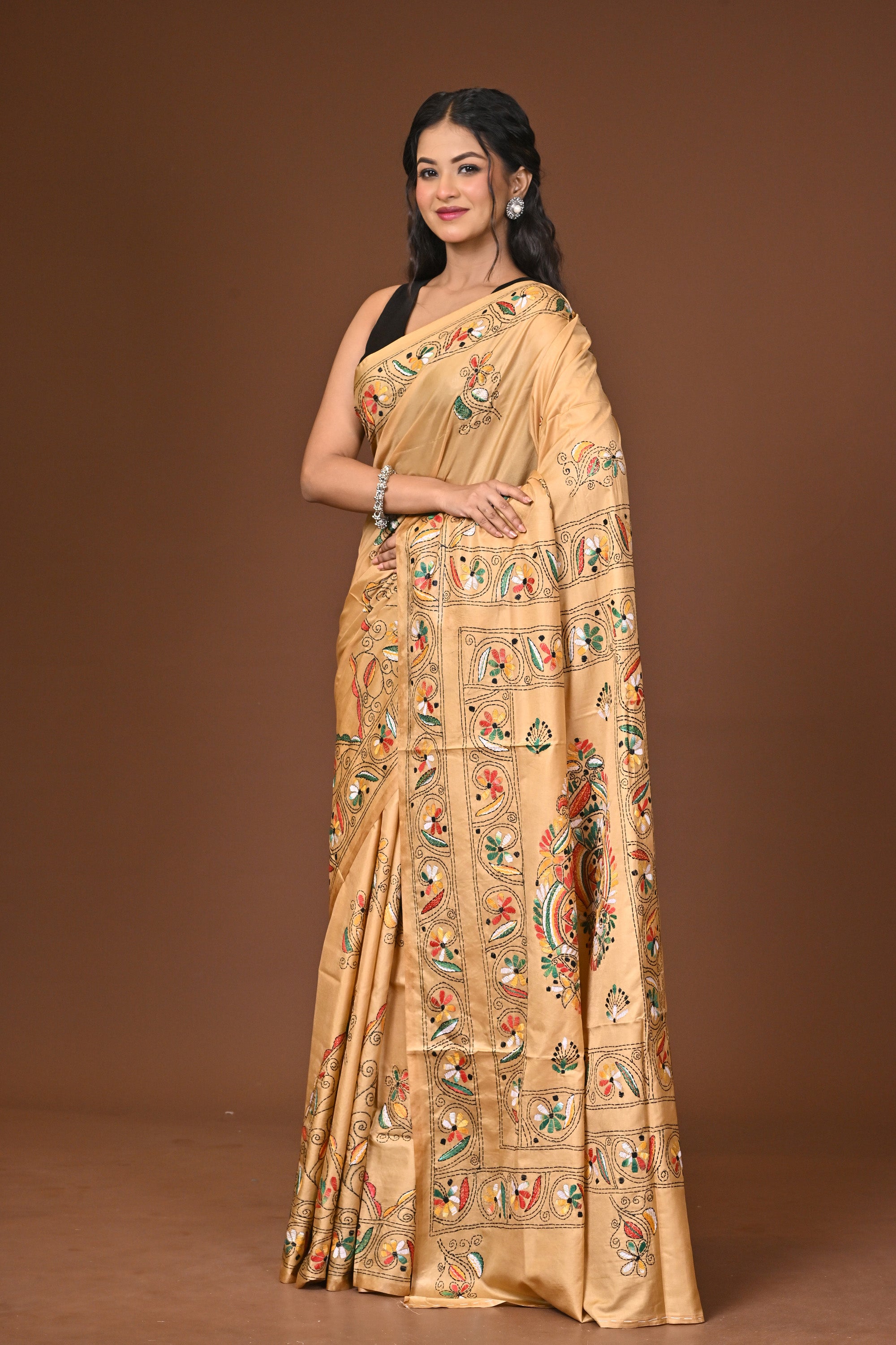 Blended Silk Kantha Stitch Saree Beige Thumbnail