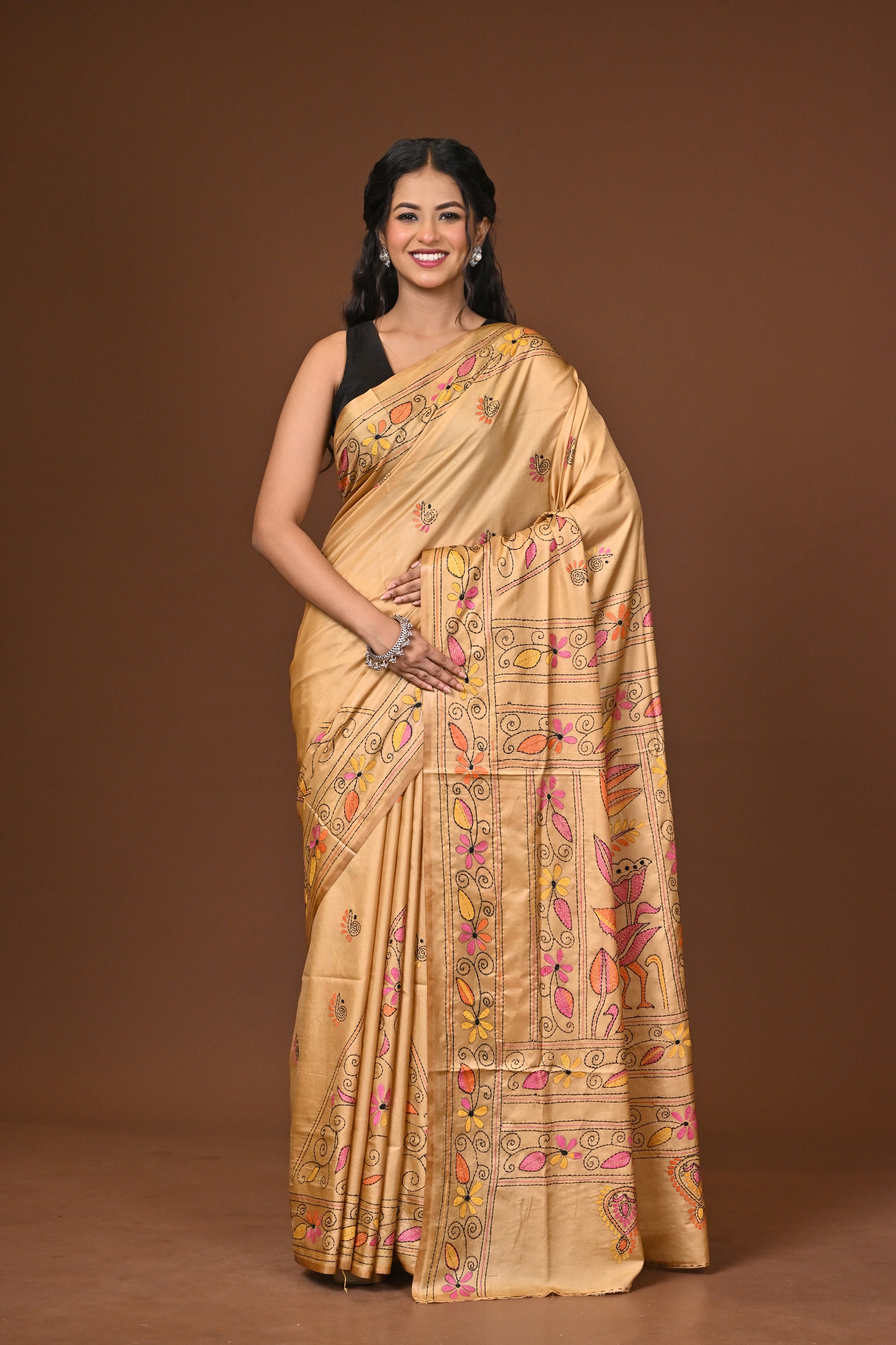 Blended Silk Kantha Stitch Saree Beige