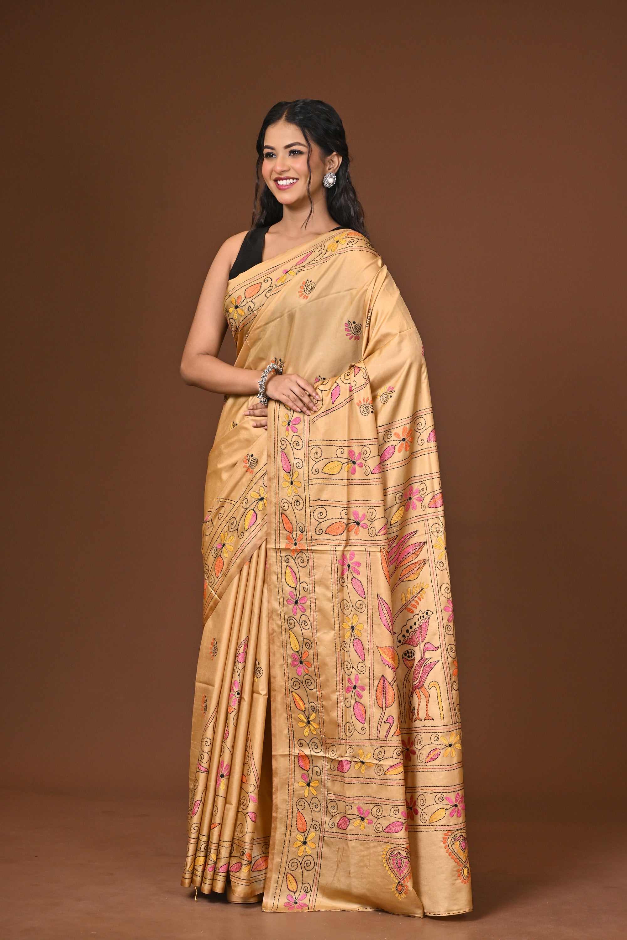 Blended Silk Kantha Stitch Saree Beige Thumbnail
