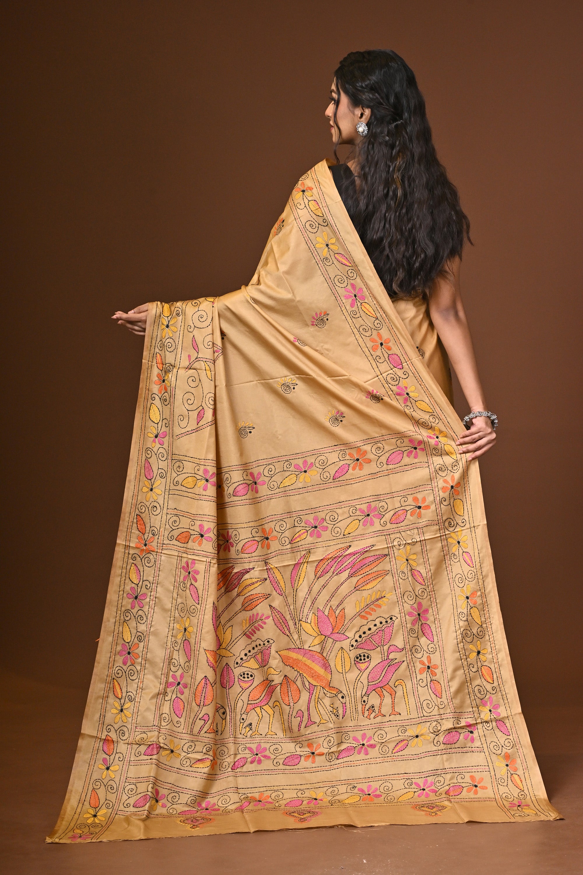 Blended Silk Kantha Stitch Saree Beige Thumbnail
