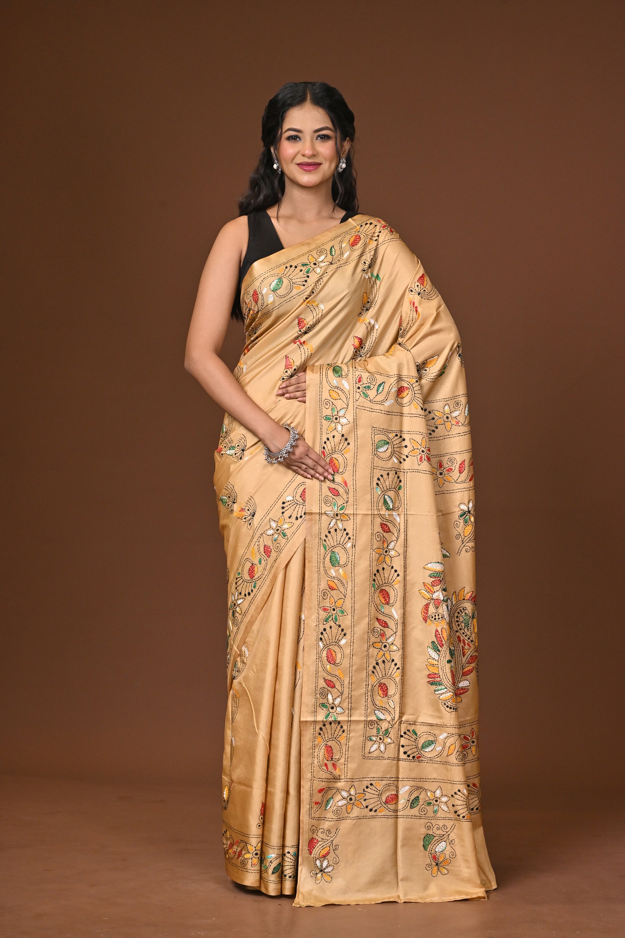 Blended Silk Kantha Stitch Saree Beige