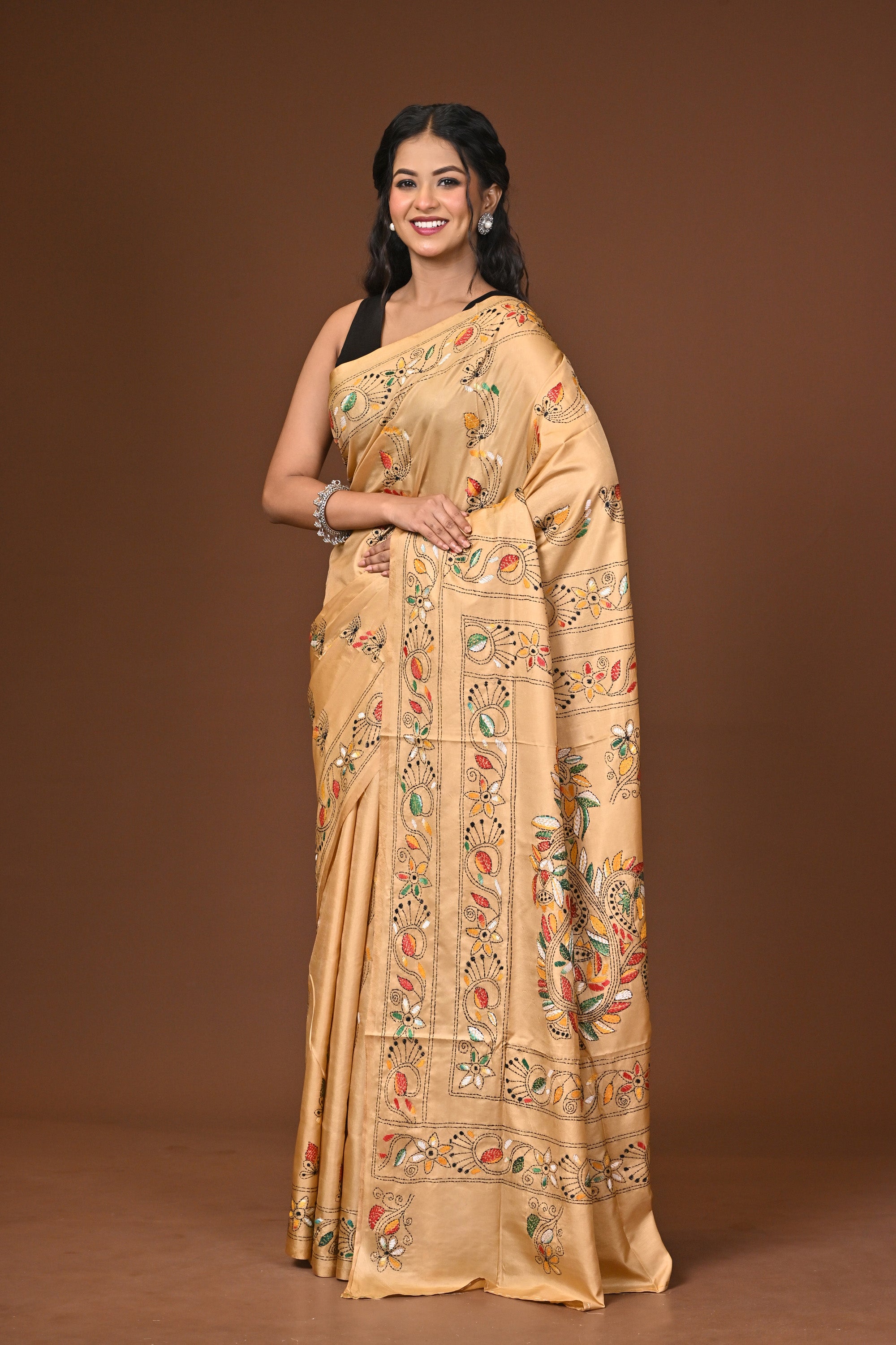 Blended Silk Kantha Stitch Saree Beige Thumbnail