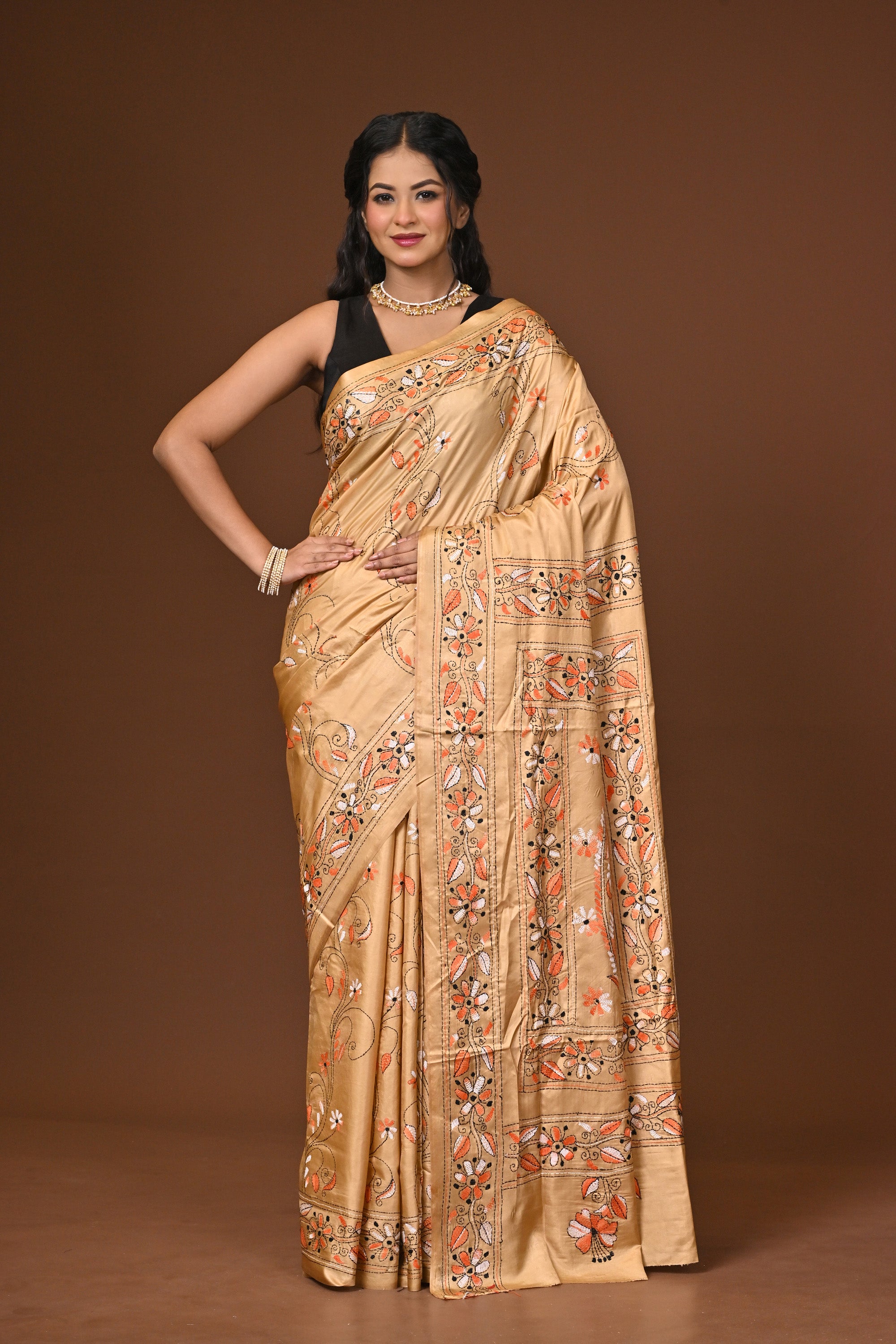 Blended Silk Kantha Stitch Saree Beige Thumbnail