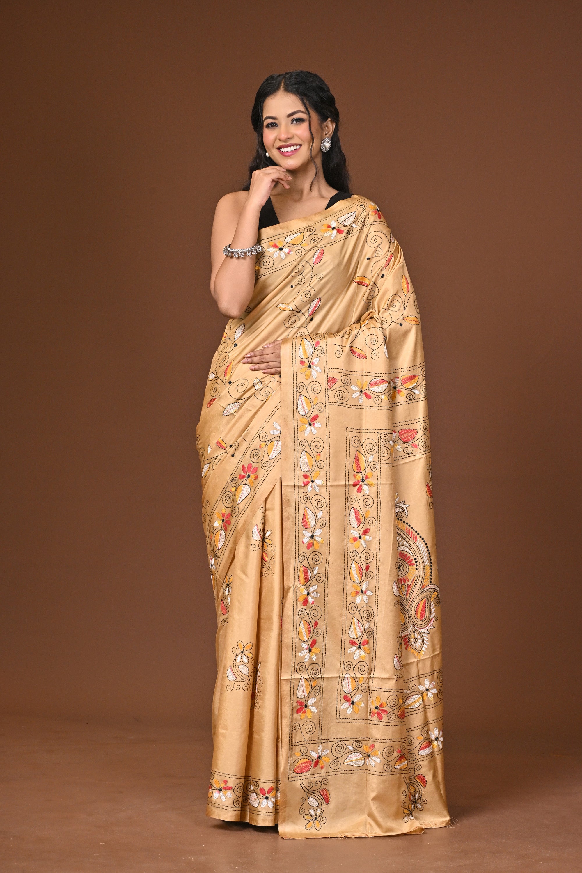 Blended Silk Kantha Stitch Saree Beige Thumbnail