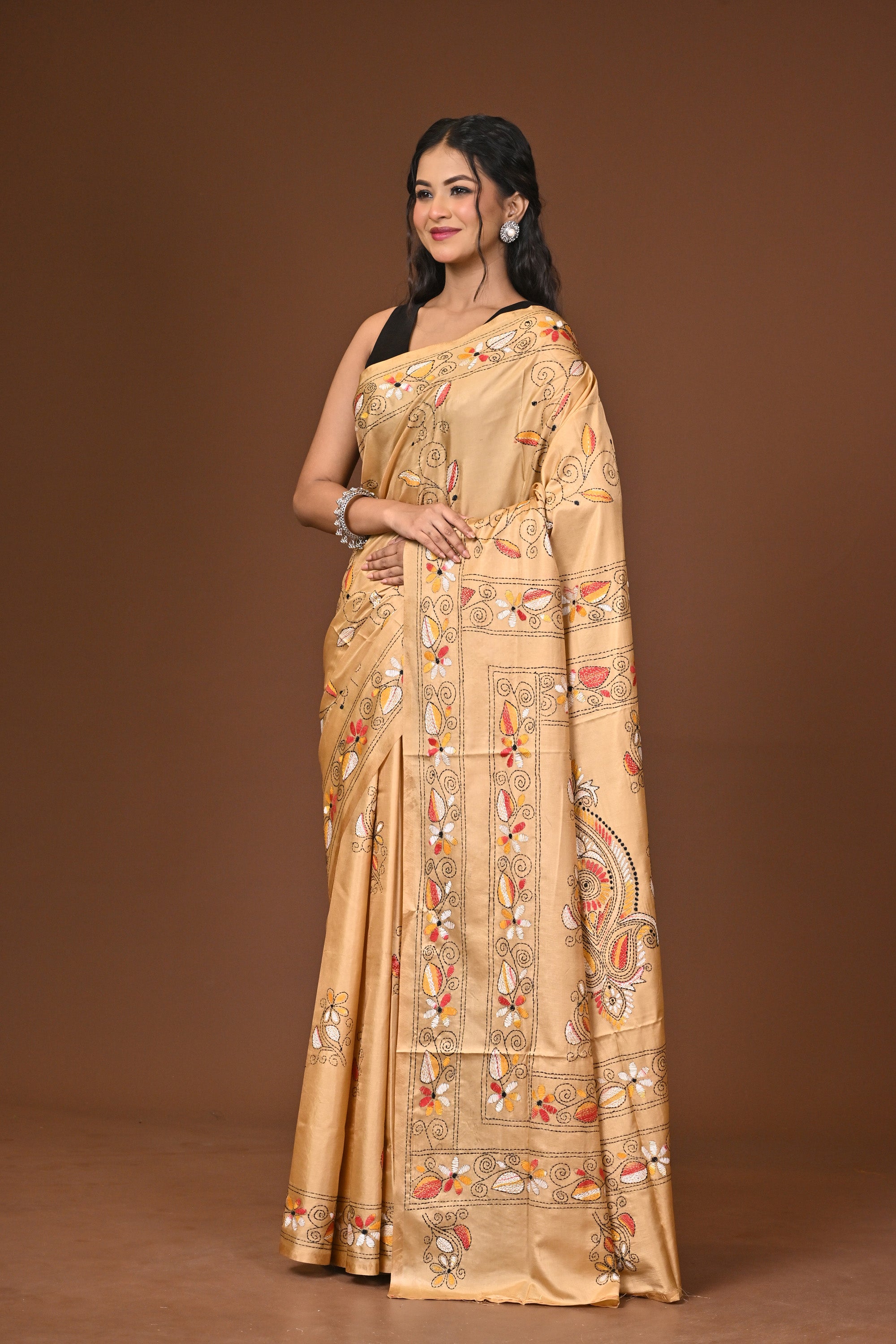 Blended Silk Kantha Stitch Saree Beige Thumbnail