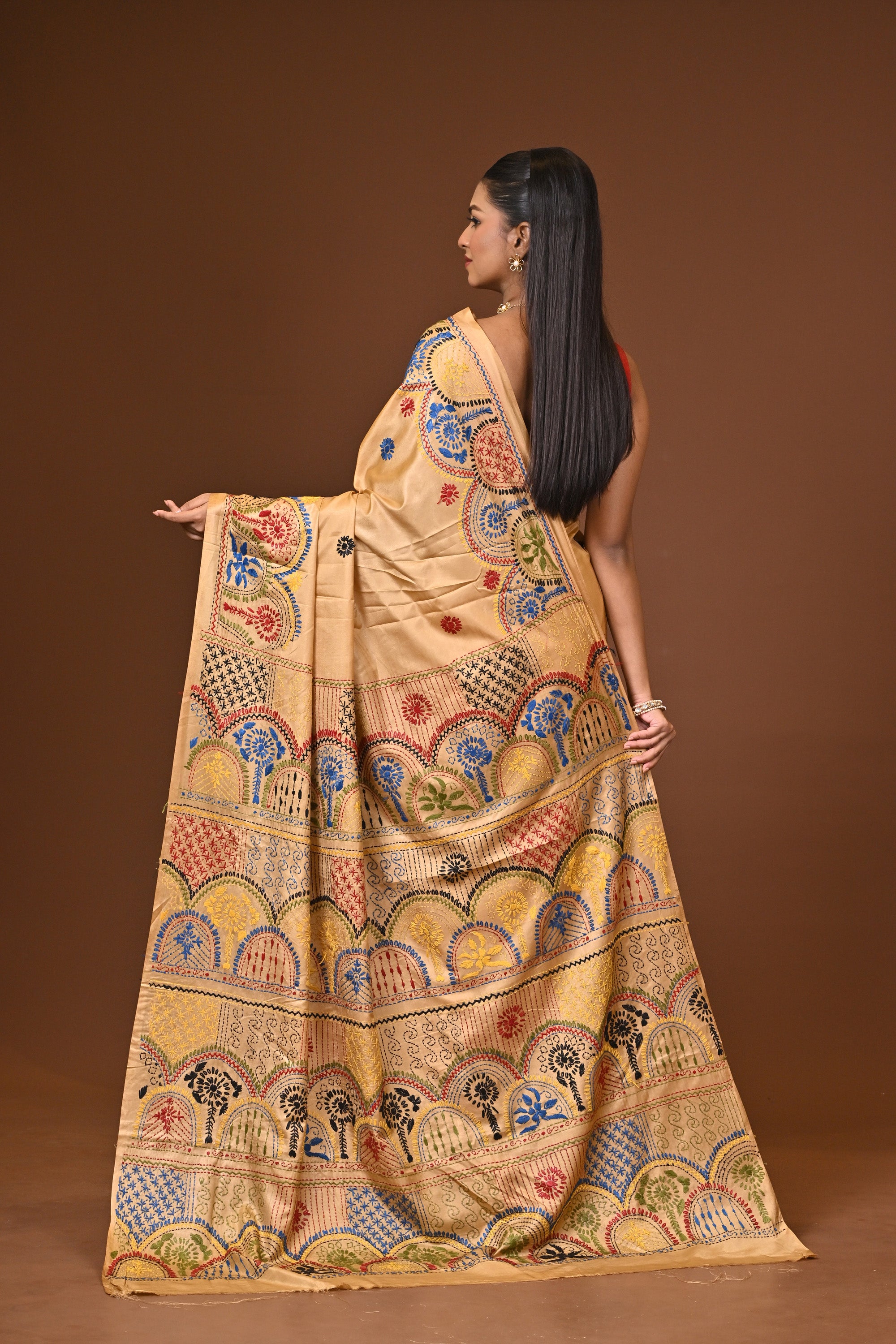 Blended Silk Kantha Stitch Saree Biege Thumbnail