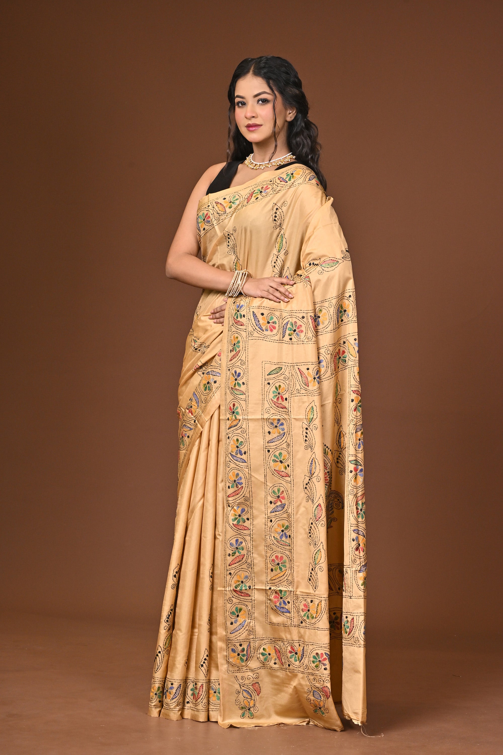 Blended Silk Kantha Stitch Saree Biege Thumbnail