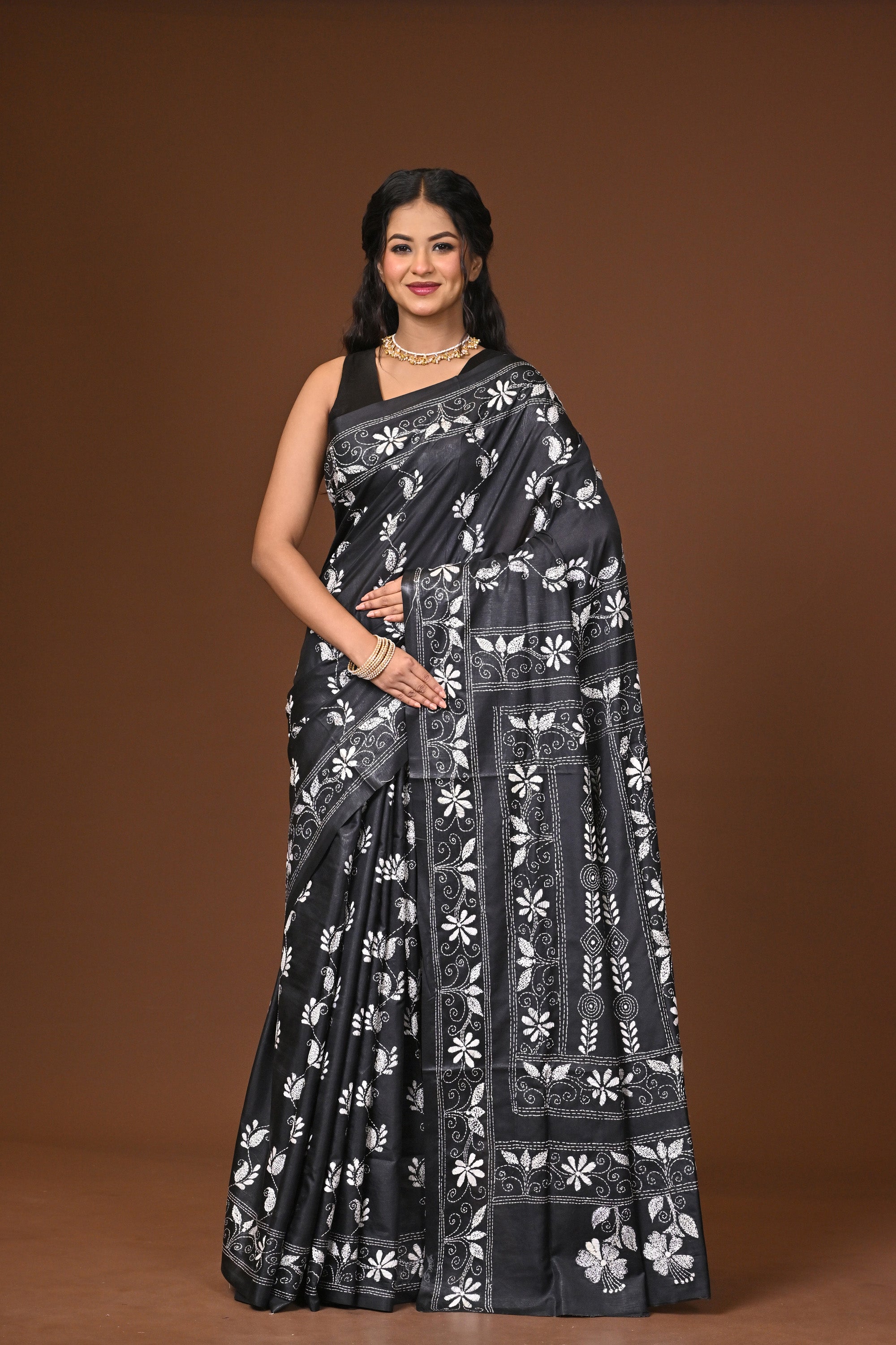 Blended Silk Kantha Stitch Saree Black
