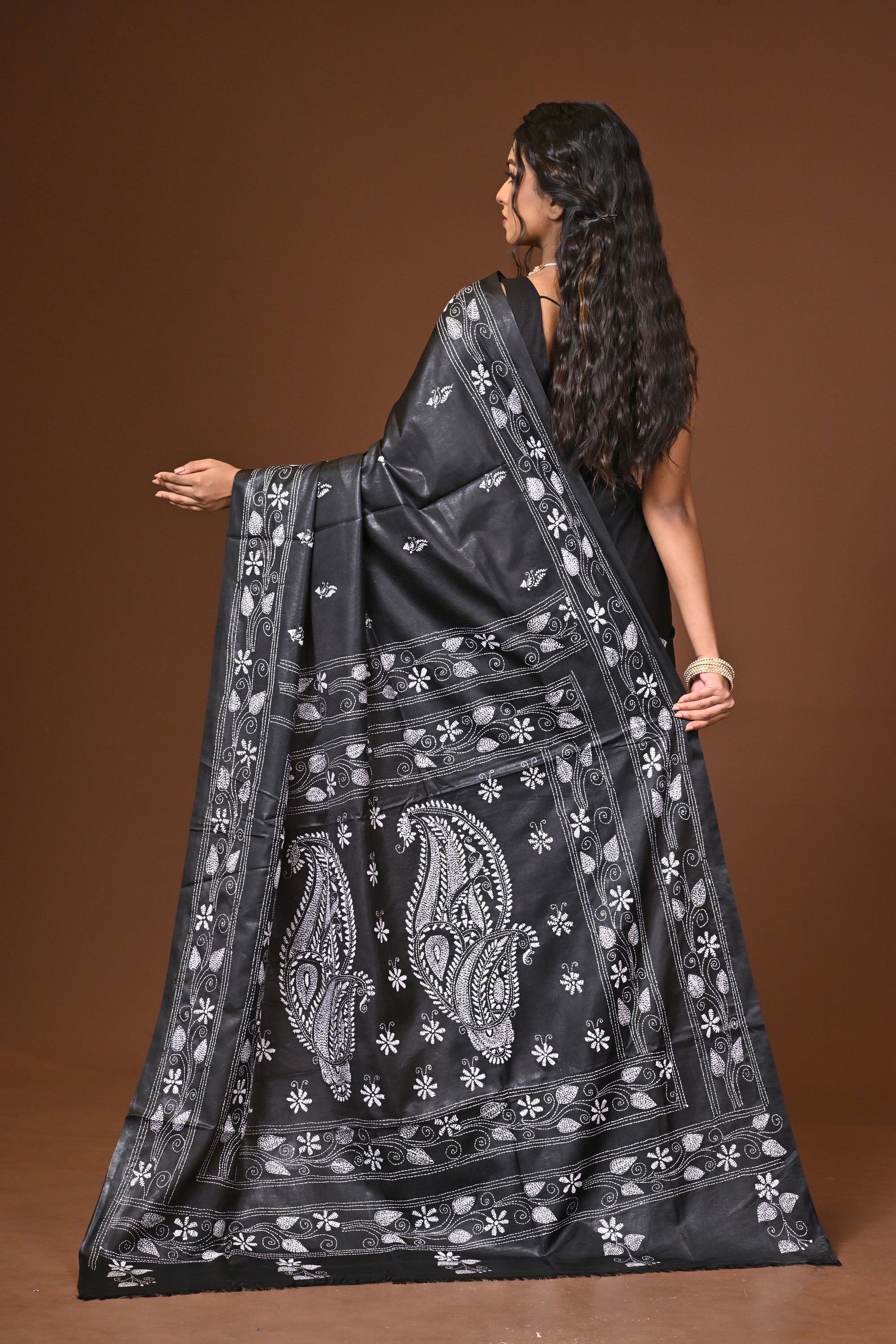 Blended Silk Kantha Stitch Saree Black Thumbnail