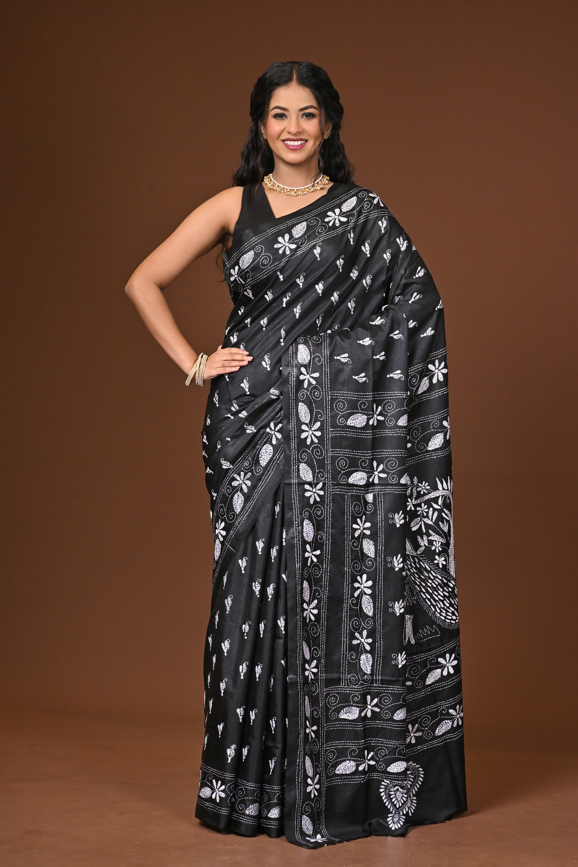 Blended Silk Kantha Stitch Saree Black Thumbnail