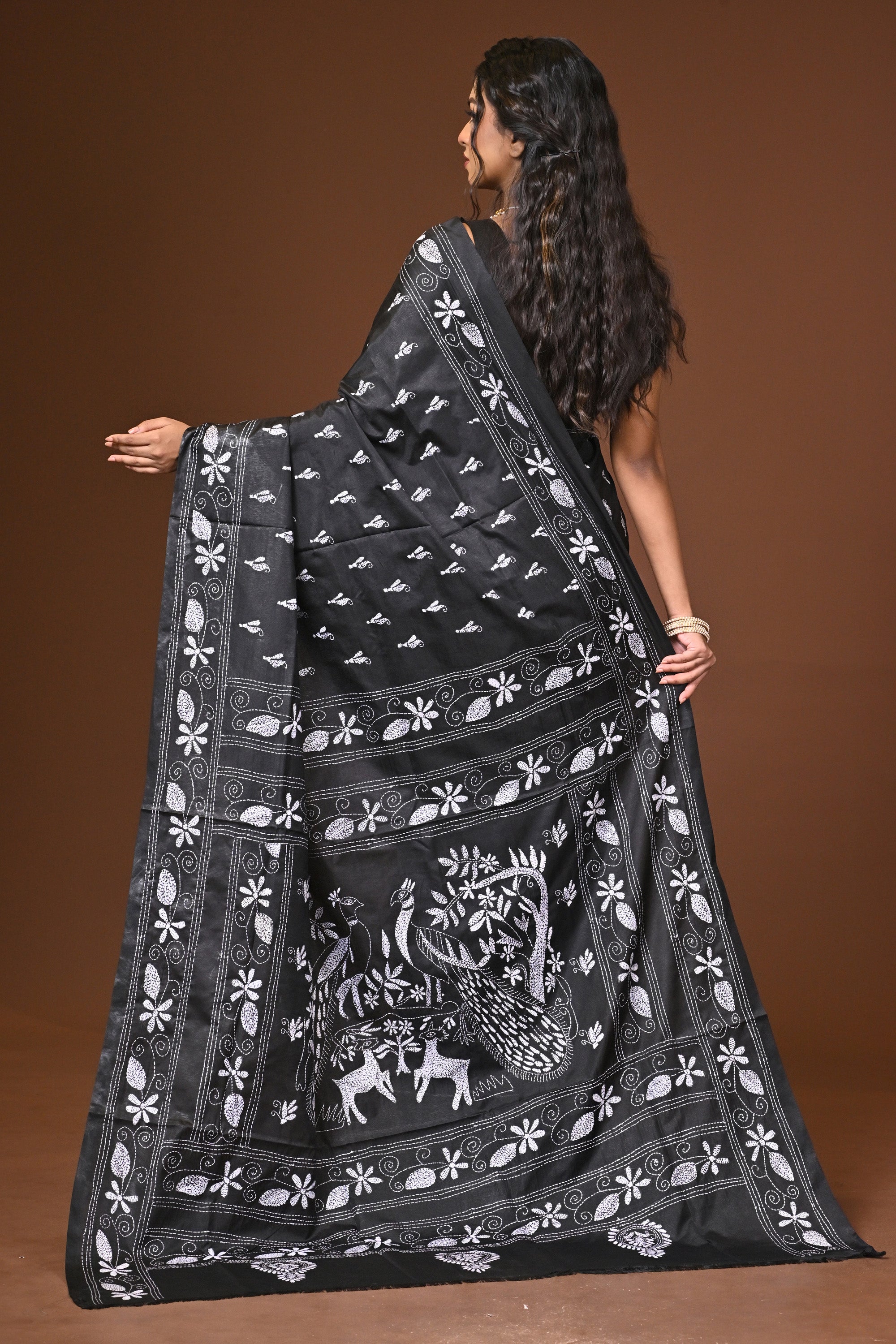 Blended Silk Kantha Stitch Saree Black Thumbnail