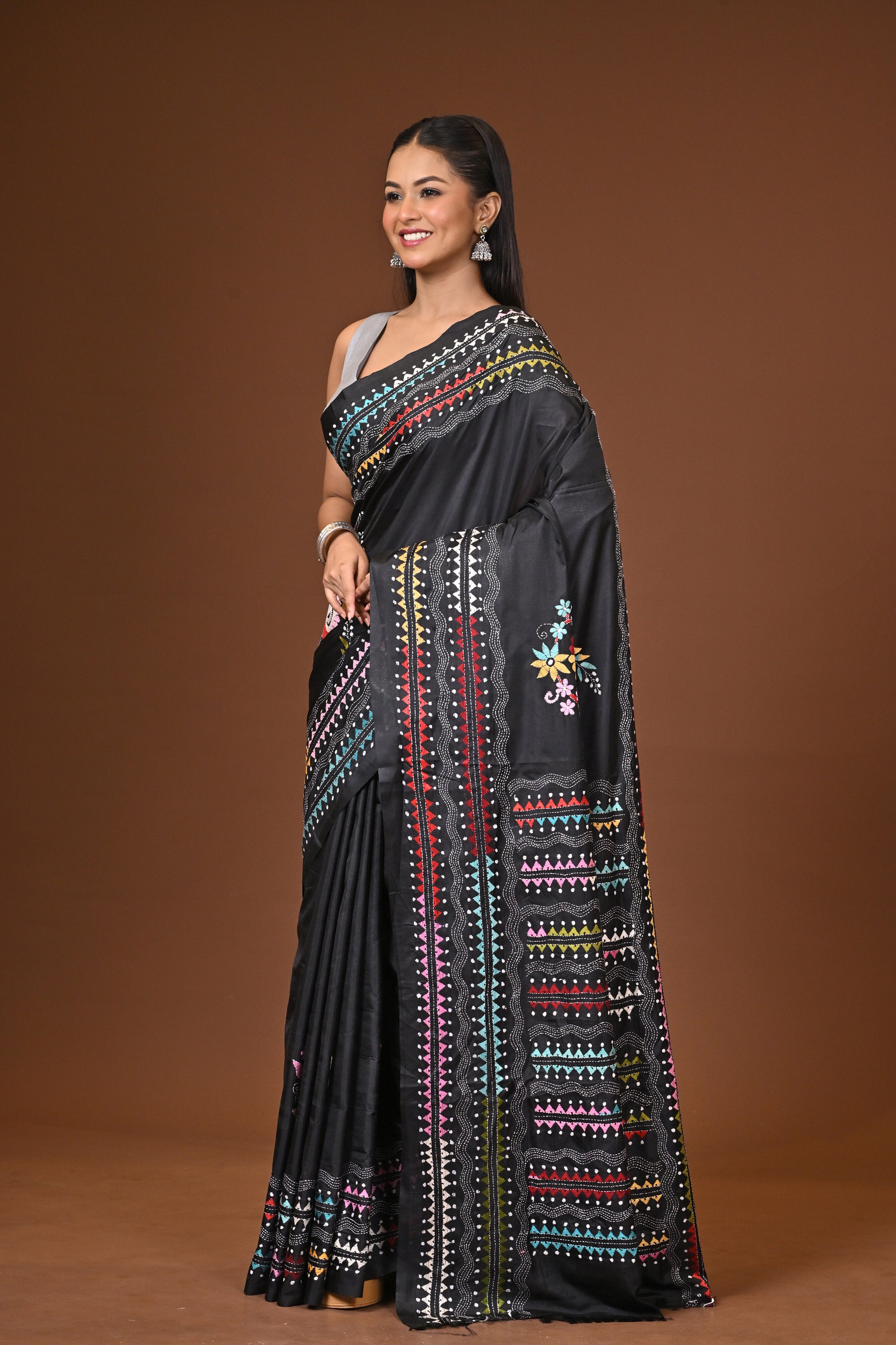 Blended Silk Kantha Stitch Saree Black Thumbnail