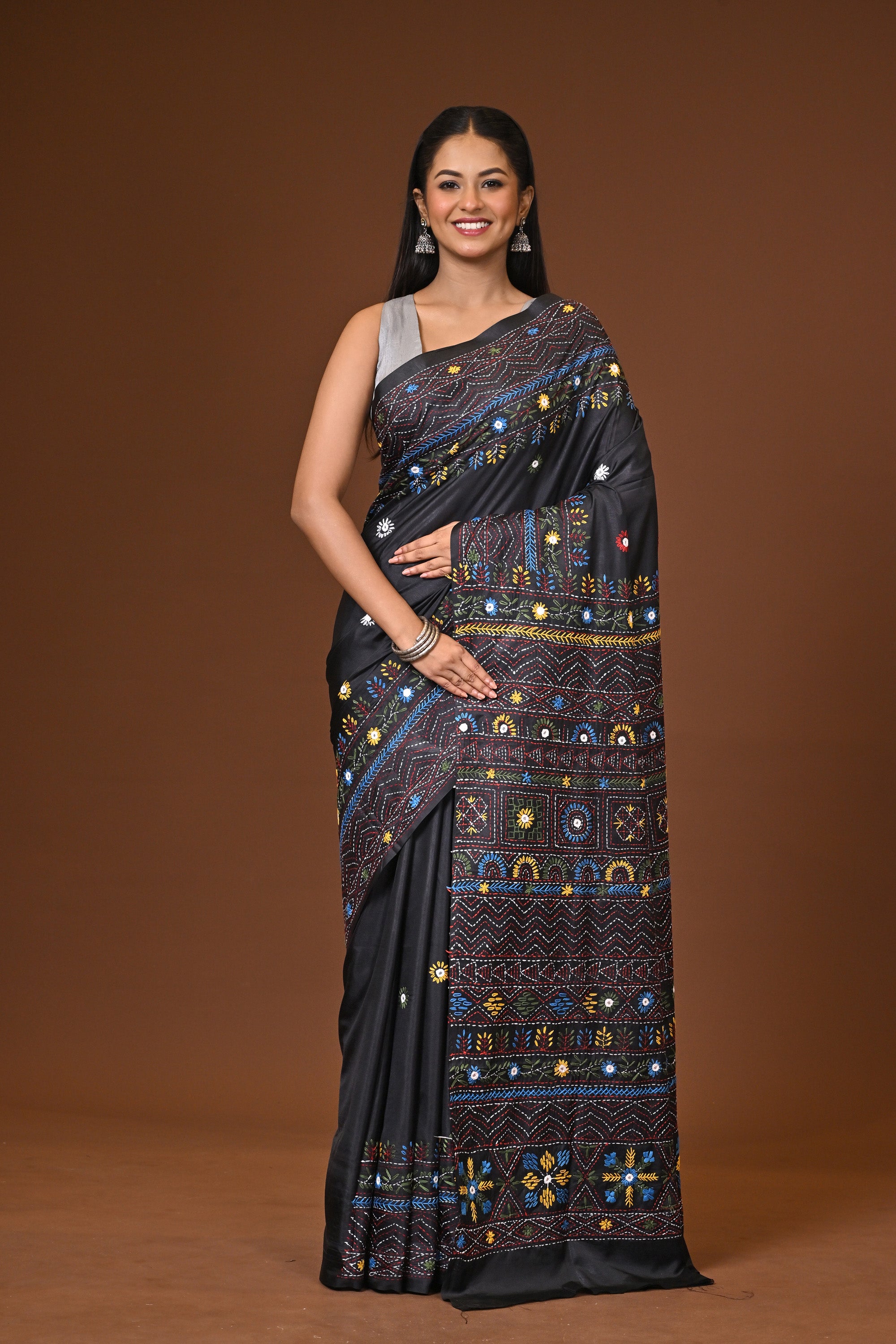 Blended Silk Kantha Stitch Saree Black Thumbnail