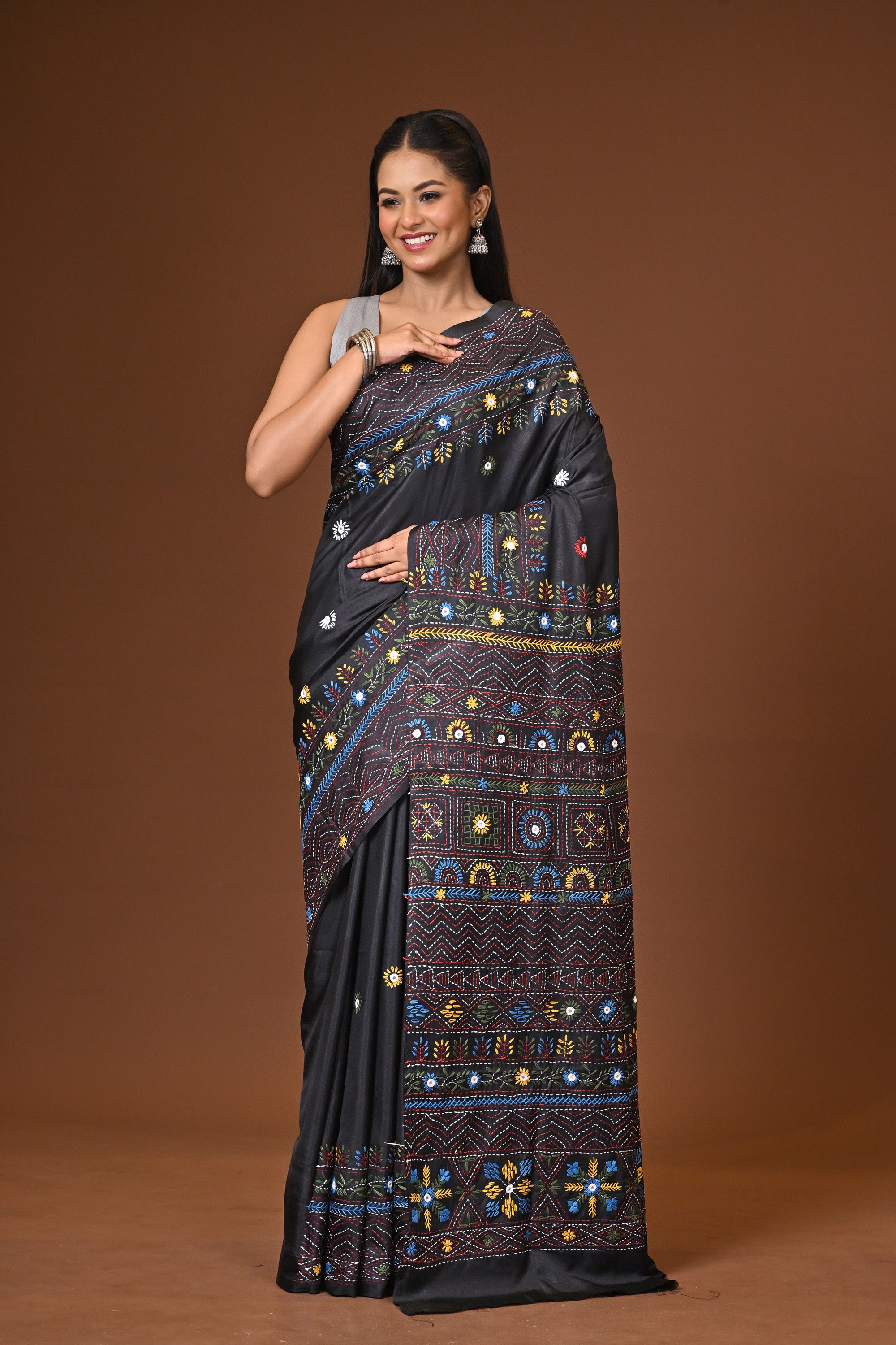 Blended Silk Kantha Stitch Saree Black Thumbnail