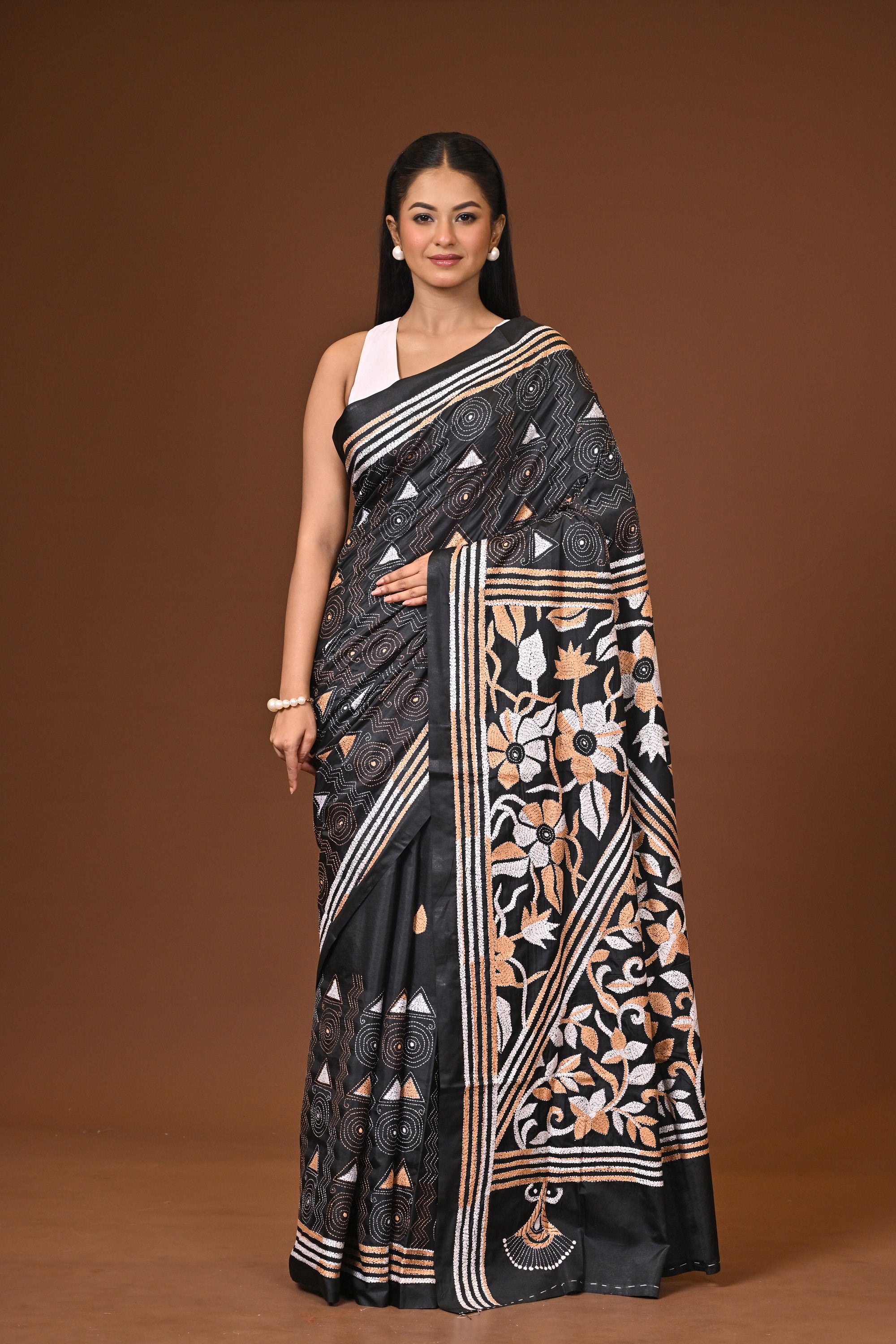 Blended Silk Kantha Stitch Saree Sea Green