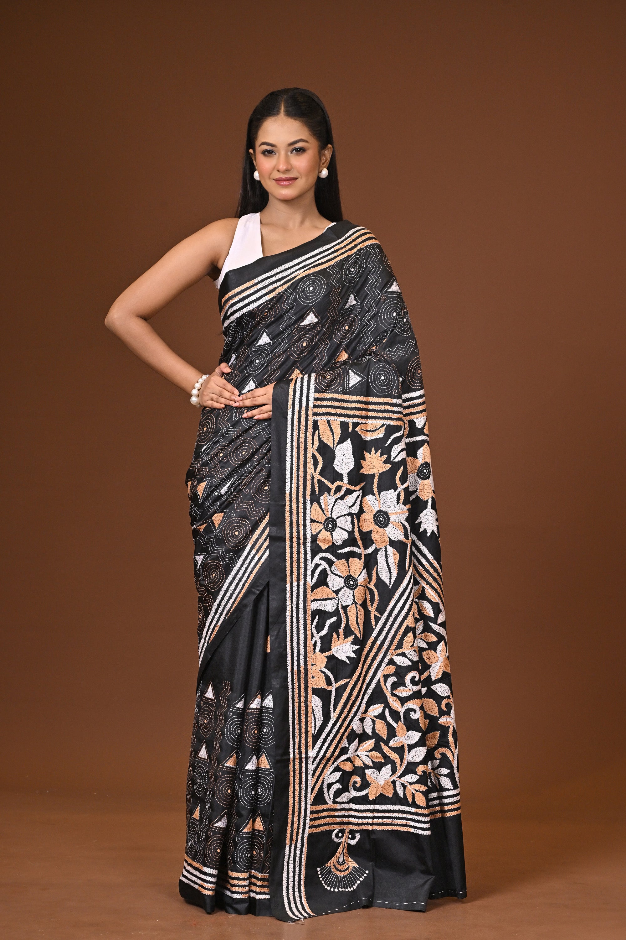 Blended Silk Kantha Stitch Saree Navy Blue