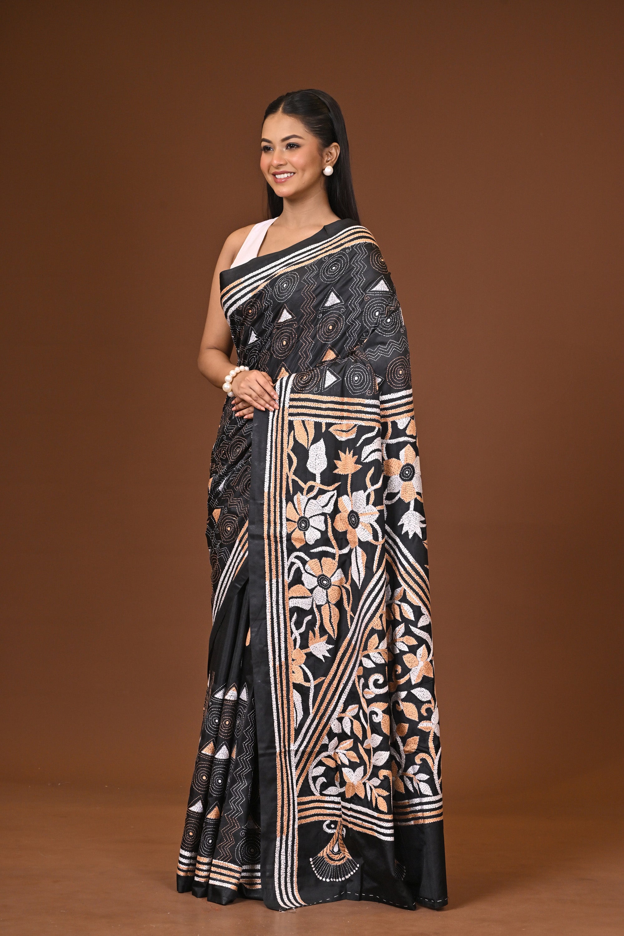 Blended Silk Kantha Stitch Saree Brown Thumbnail