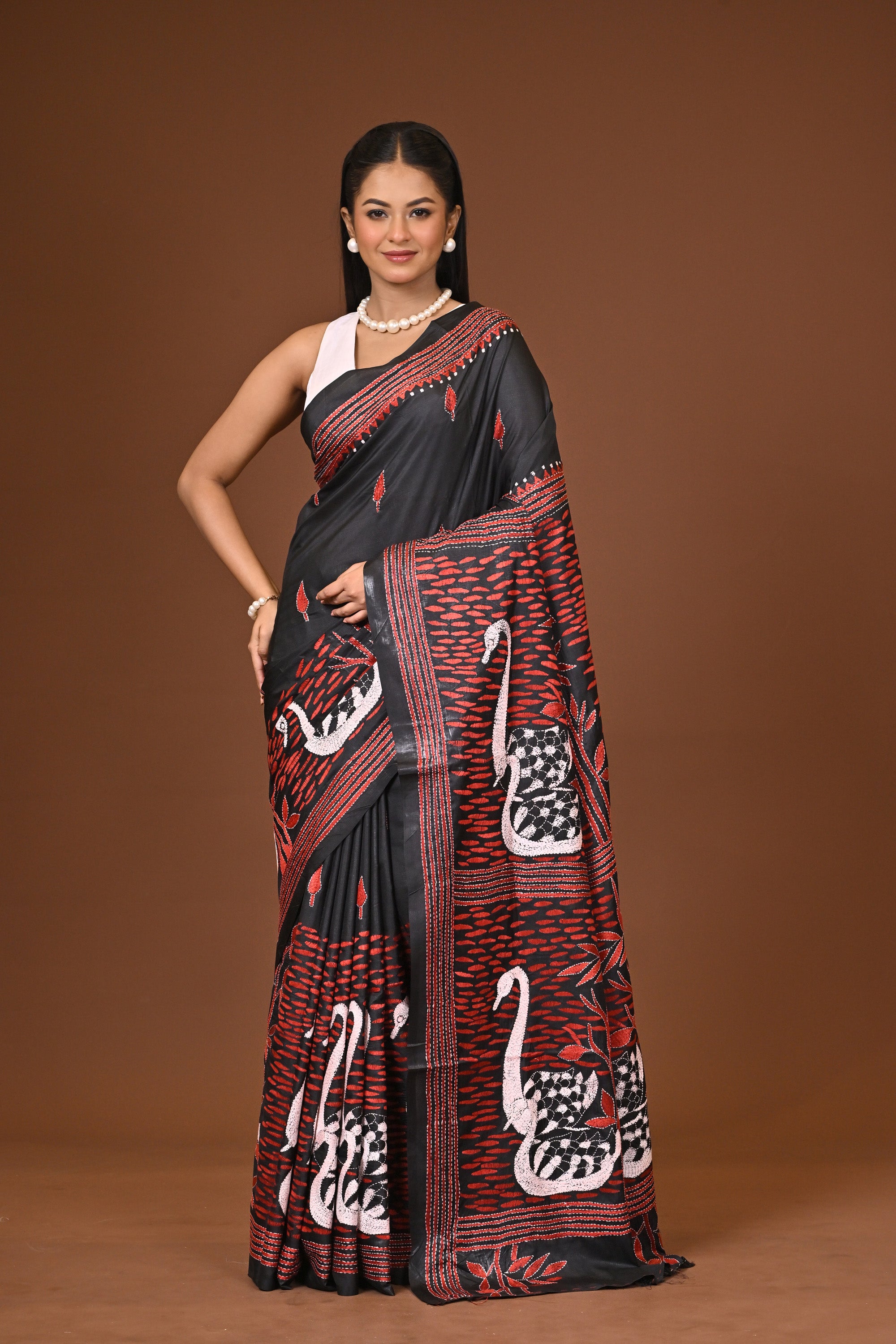 Blended Silk Kantha Stitch Saree Black Thumbnail