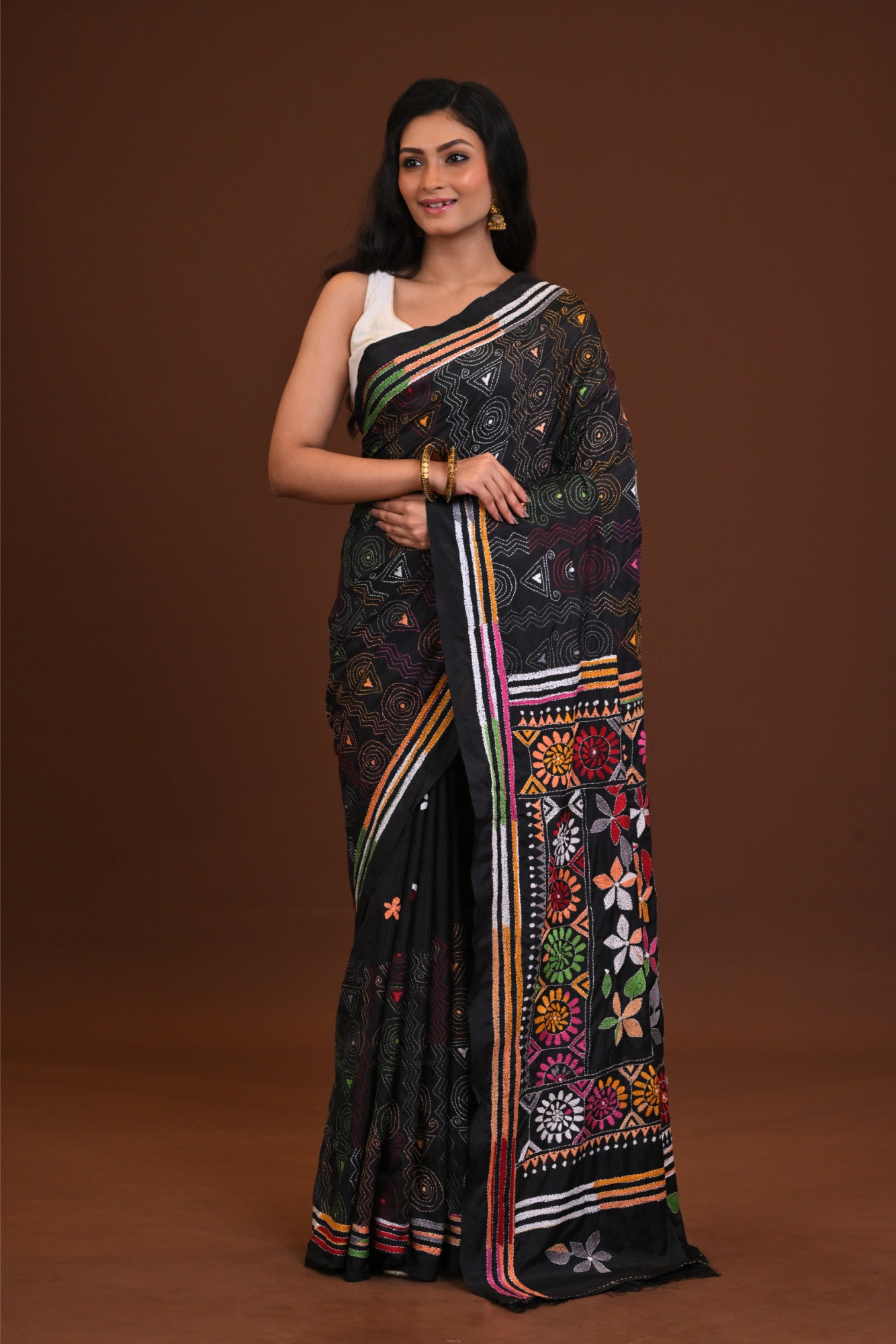 Blended Silk Kantha Stitch Saree Black Thumbnail