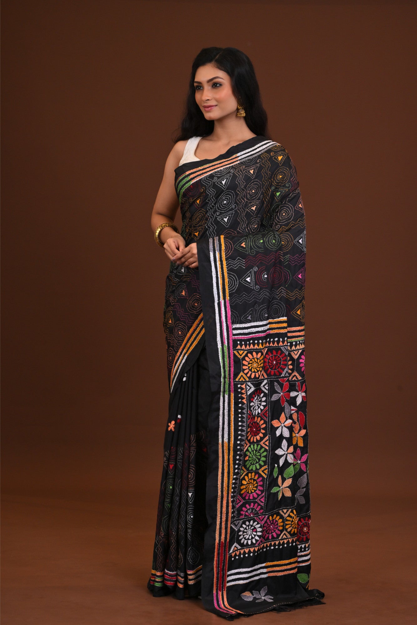 Blended Silk Kantha Stitch Saree Black Thumbnail