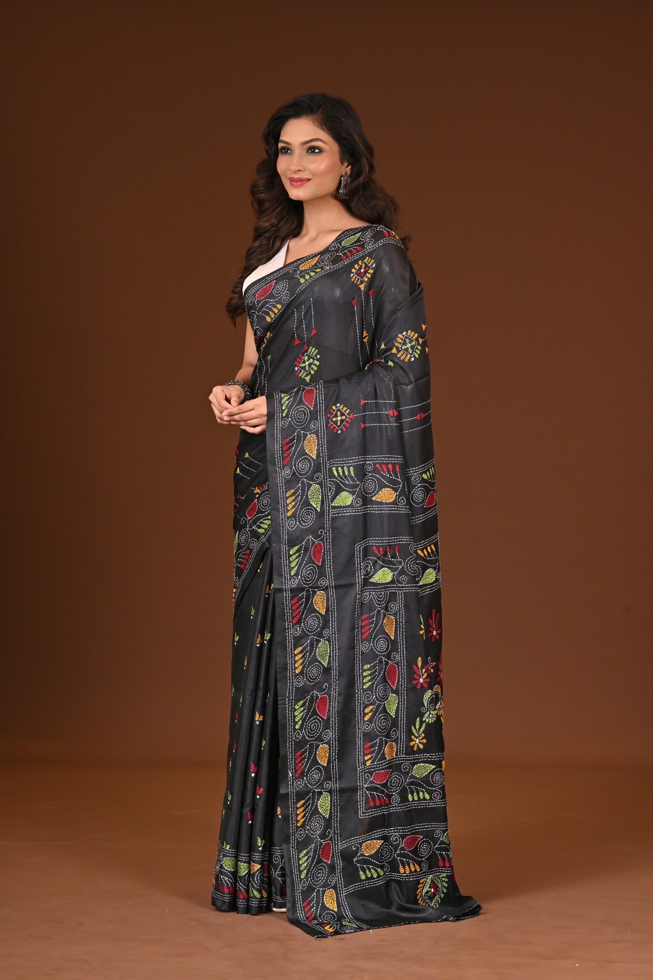 Blended Silk Kantha Stitch Saree Black Thumbnail
