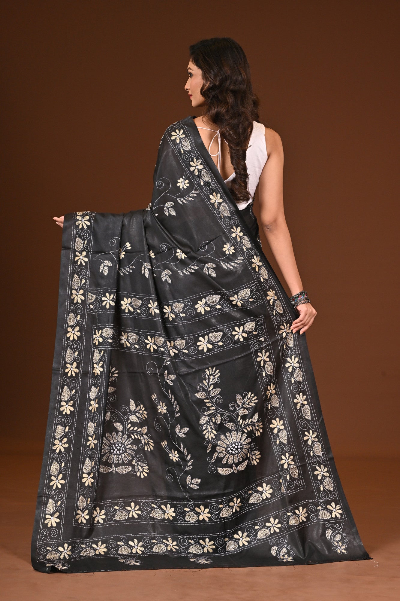 Blended Silk Kantha Stitch Saree Black Thumbnail