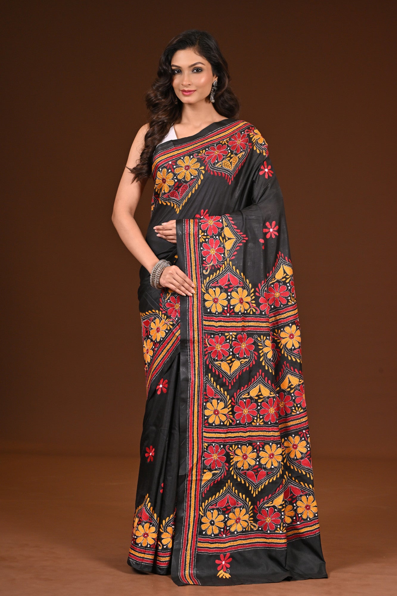 Blended Silk Kantha Stitch Saree Black