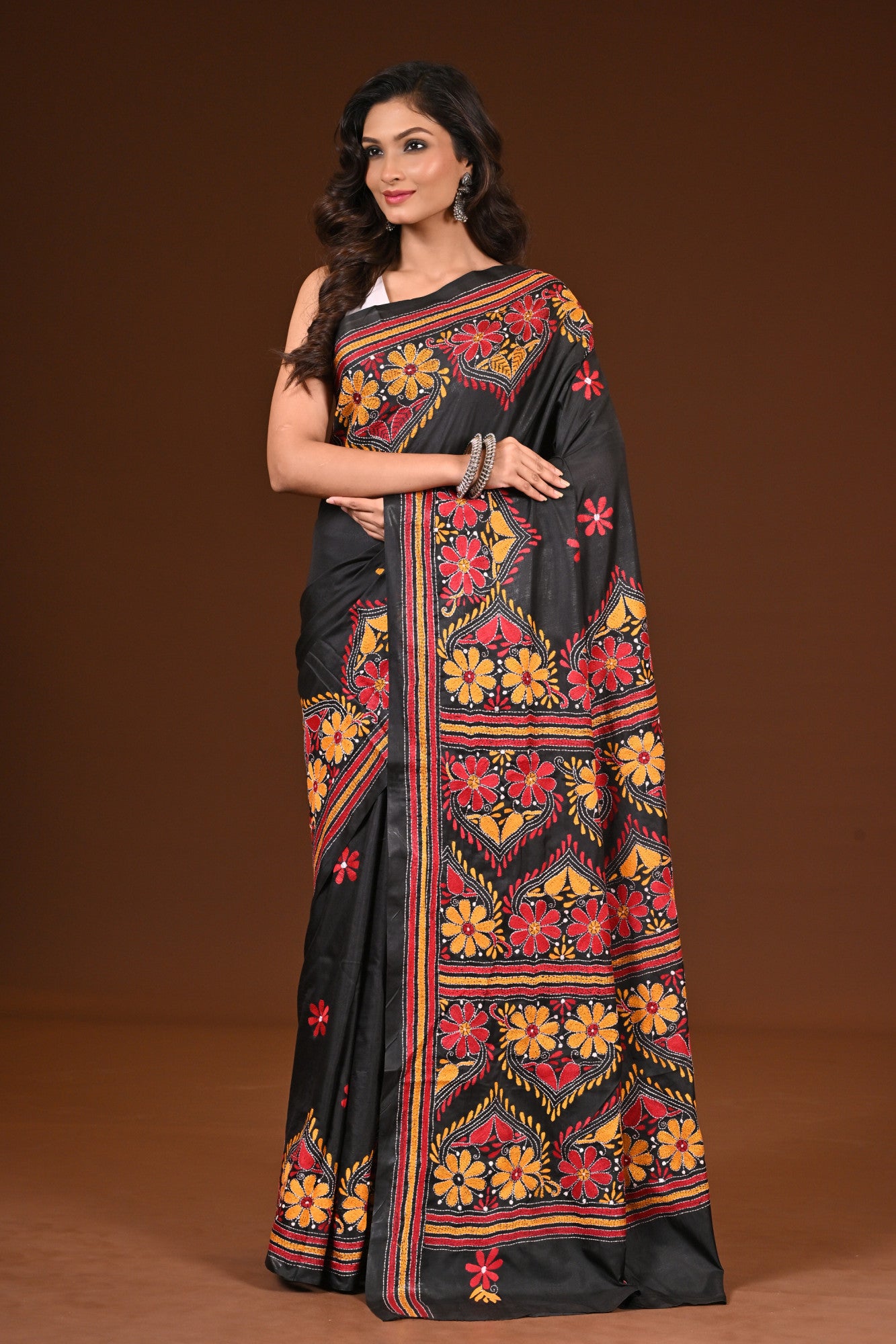 Blended Silk Kantha Stitch Saree Black Thumbnail