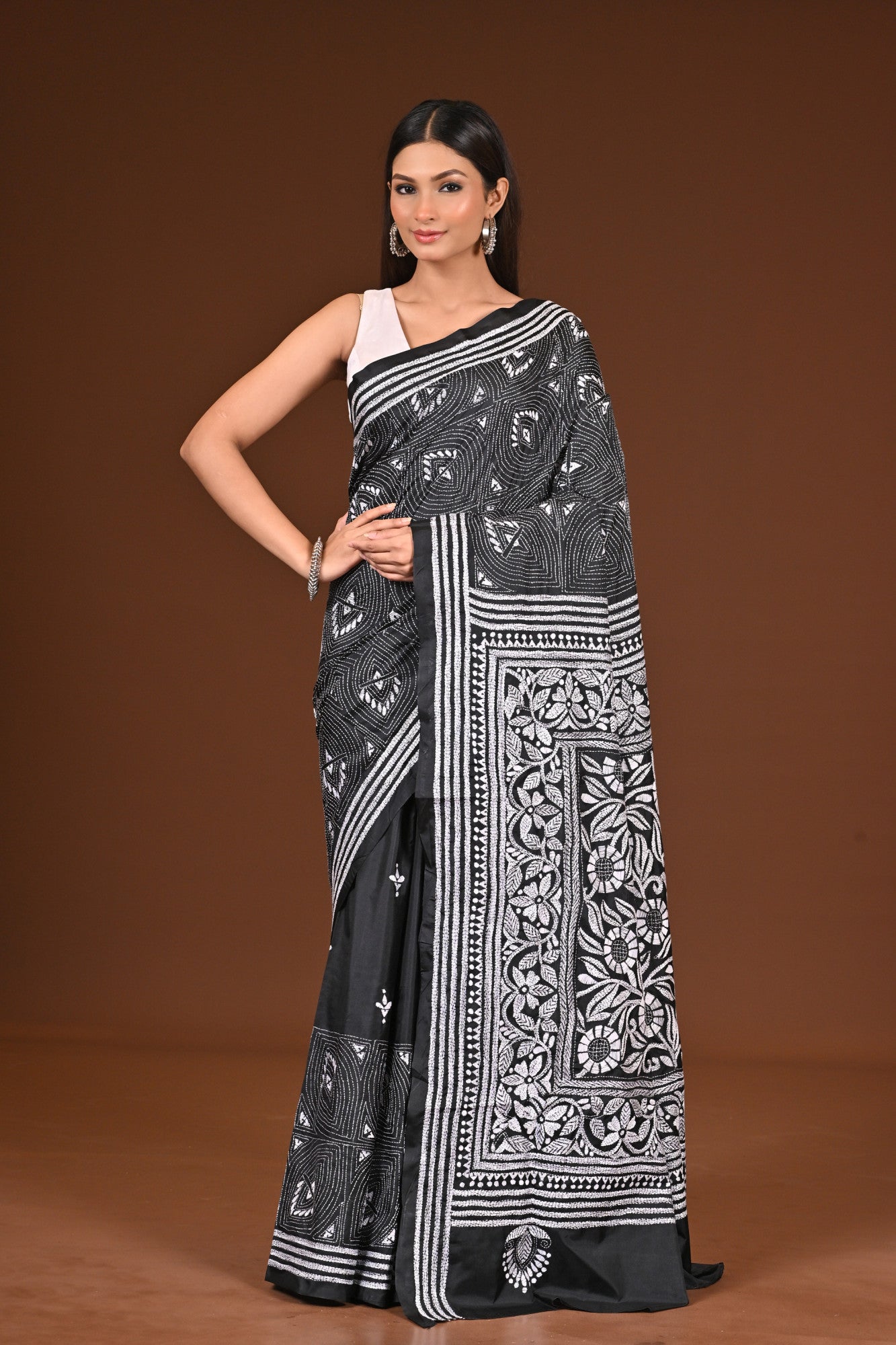 Blended Silk Kantha Stitch Saree Black