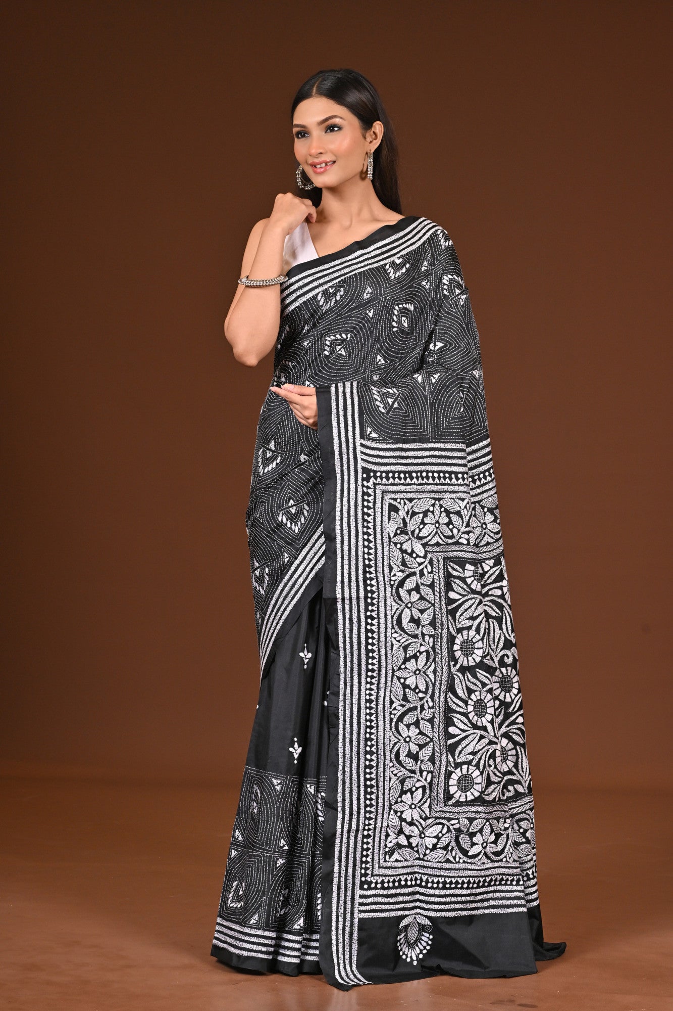 Blended Silk Kantha Stitch Saree Black Thumbnail