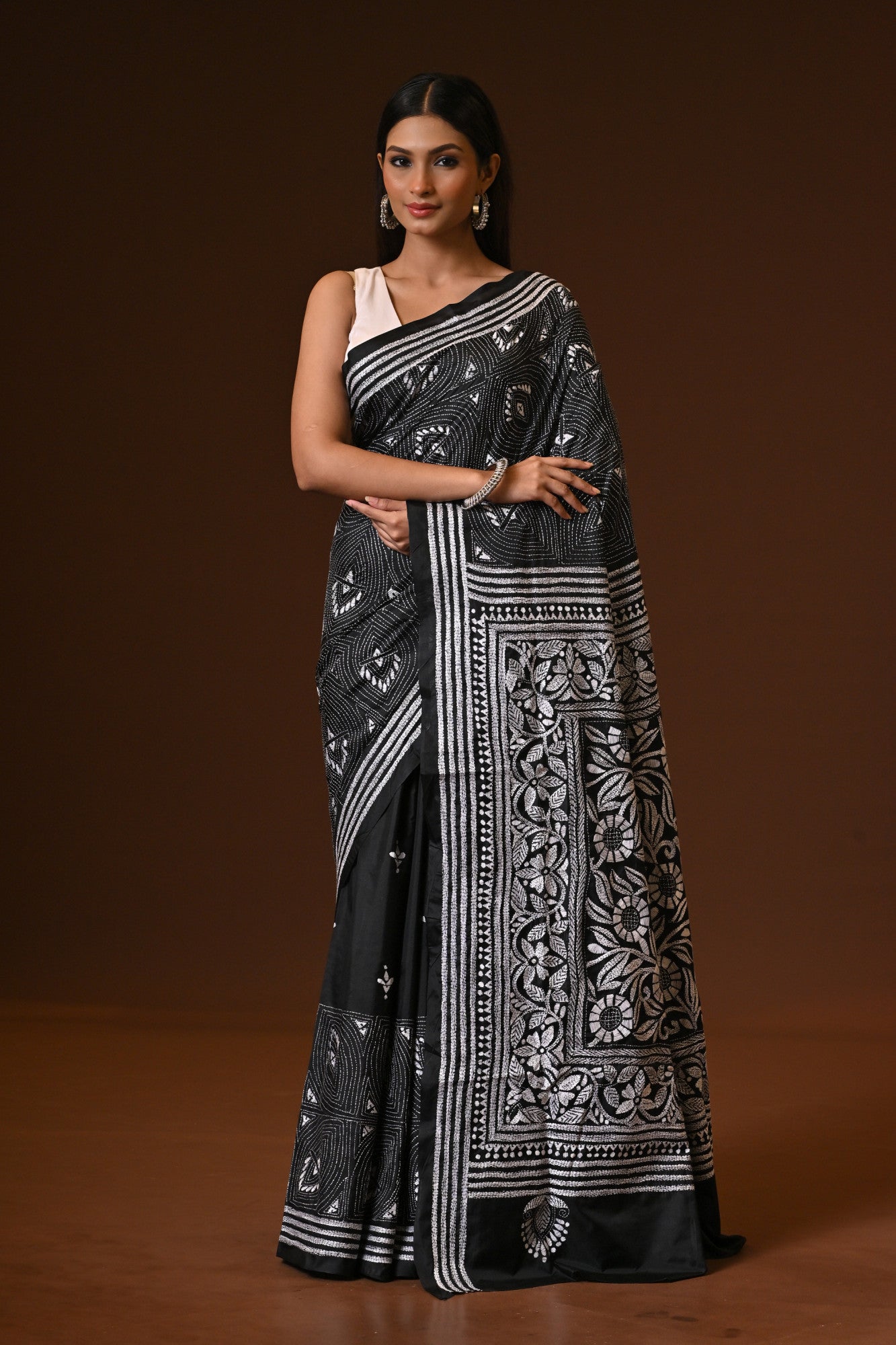 Blended Silk Kantha Stitch Saree Black Thumbnail