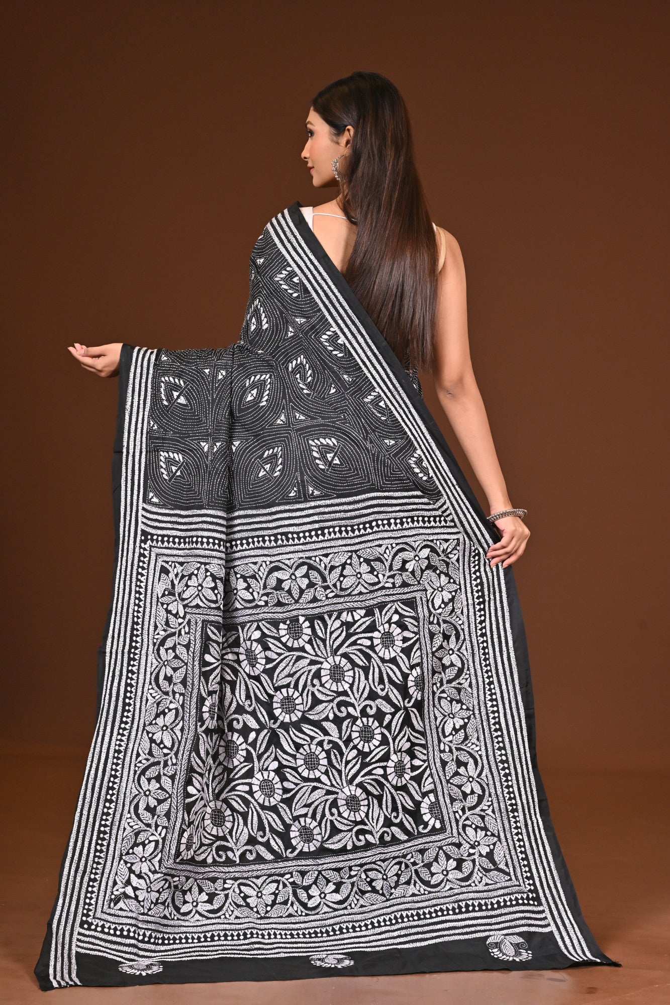 Blended Silk Kantha Stitch Saree Black Thumbnail