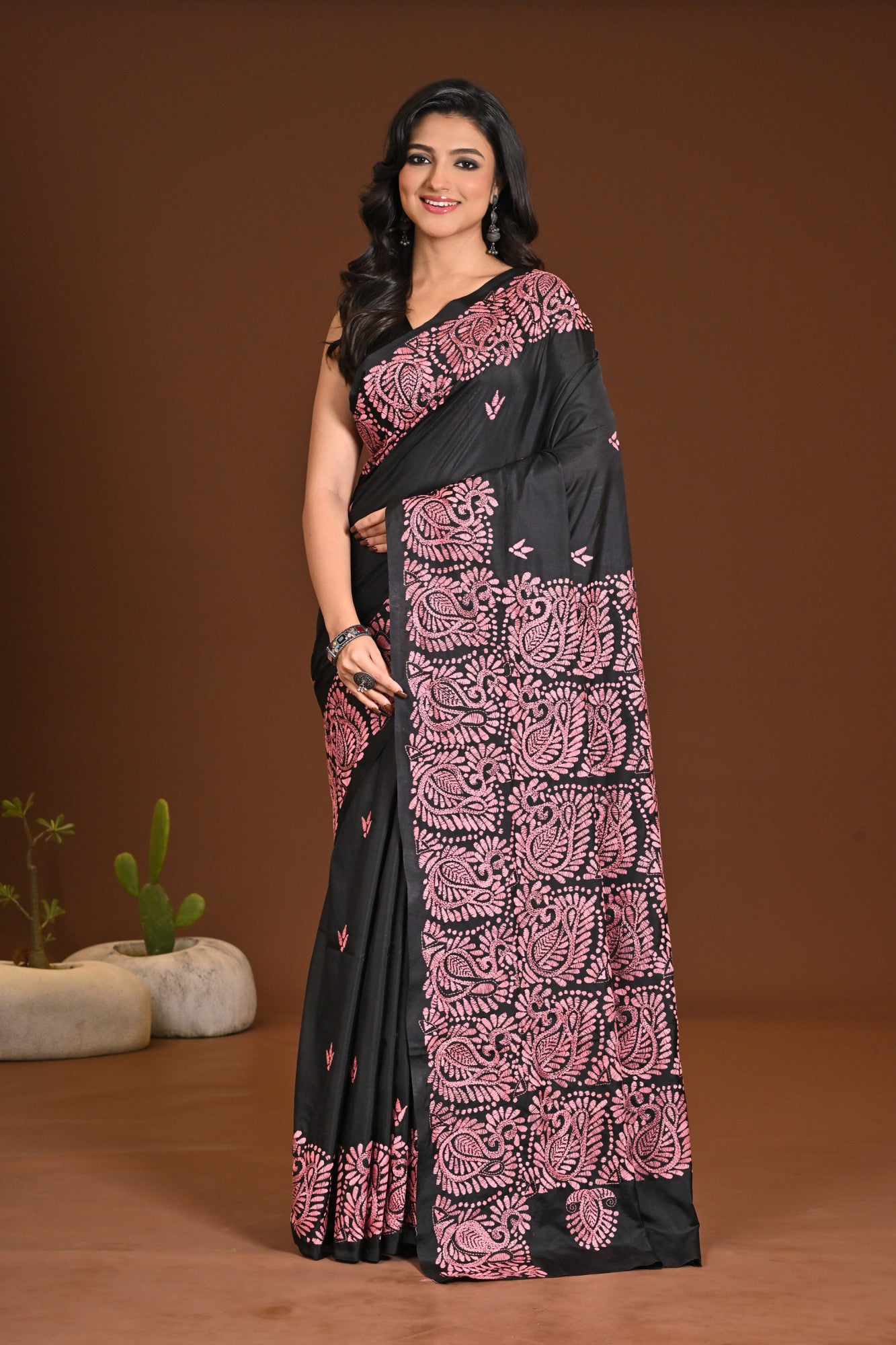 Blended Silk Kantha Stitch Saree Black Thumbnail